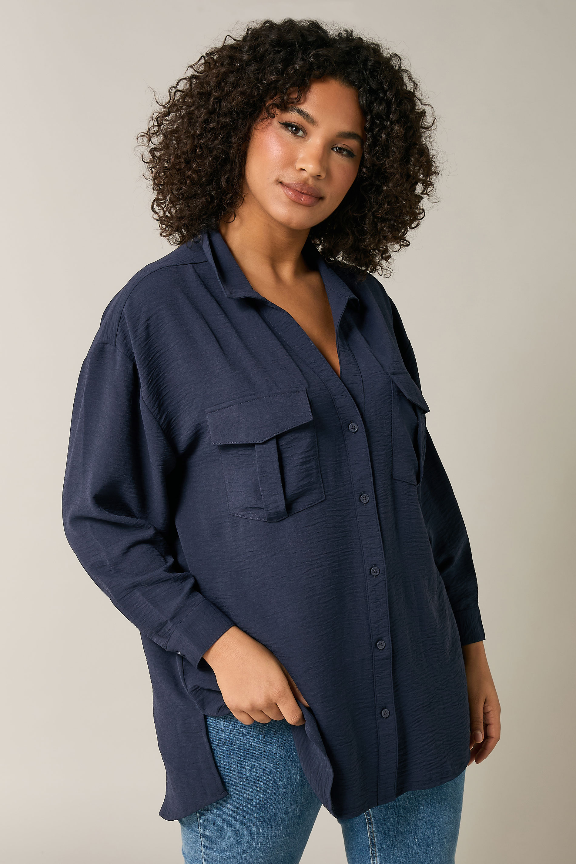 EVANS Plus Size Navy Blue Utility Pocket Shirt | Evans 3