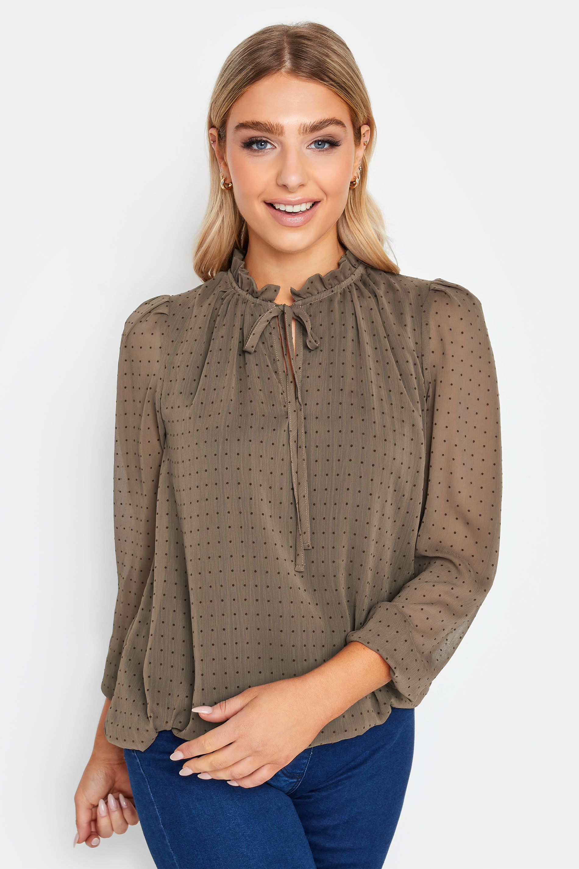 M&Co Brown Dobby Tie Neck Blouse | M&Co 1