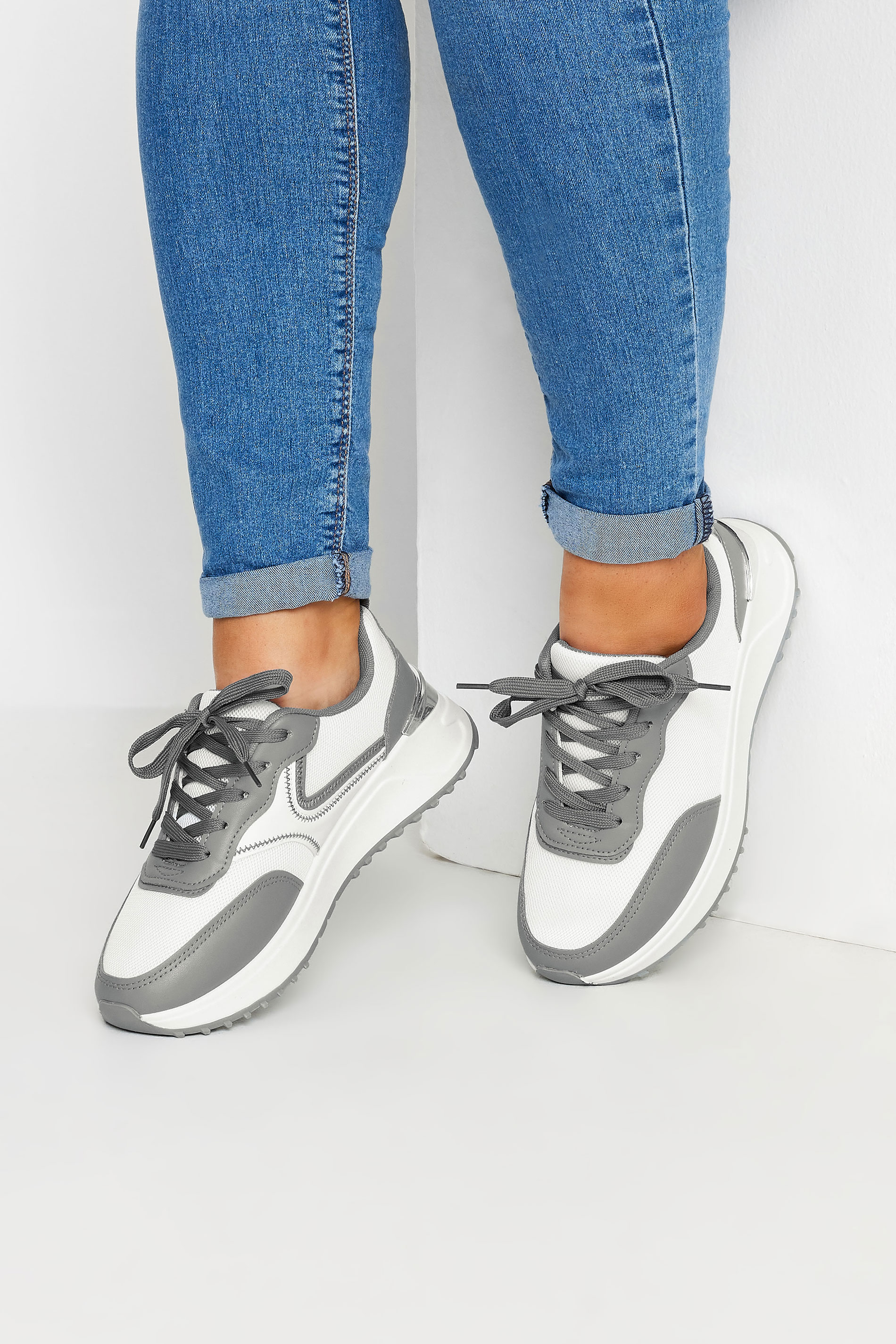 White & Grey Contrast Chunky Trainers In Wide E Fit | Yours Clothing 3