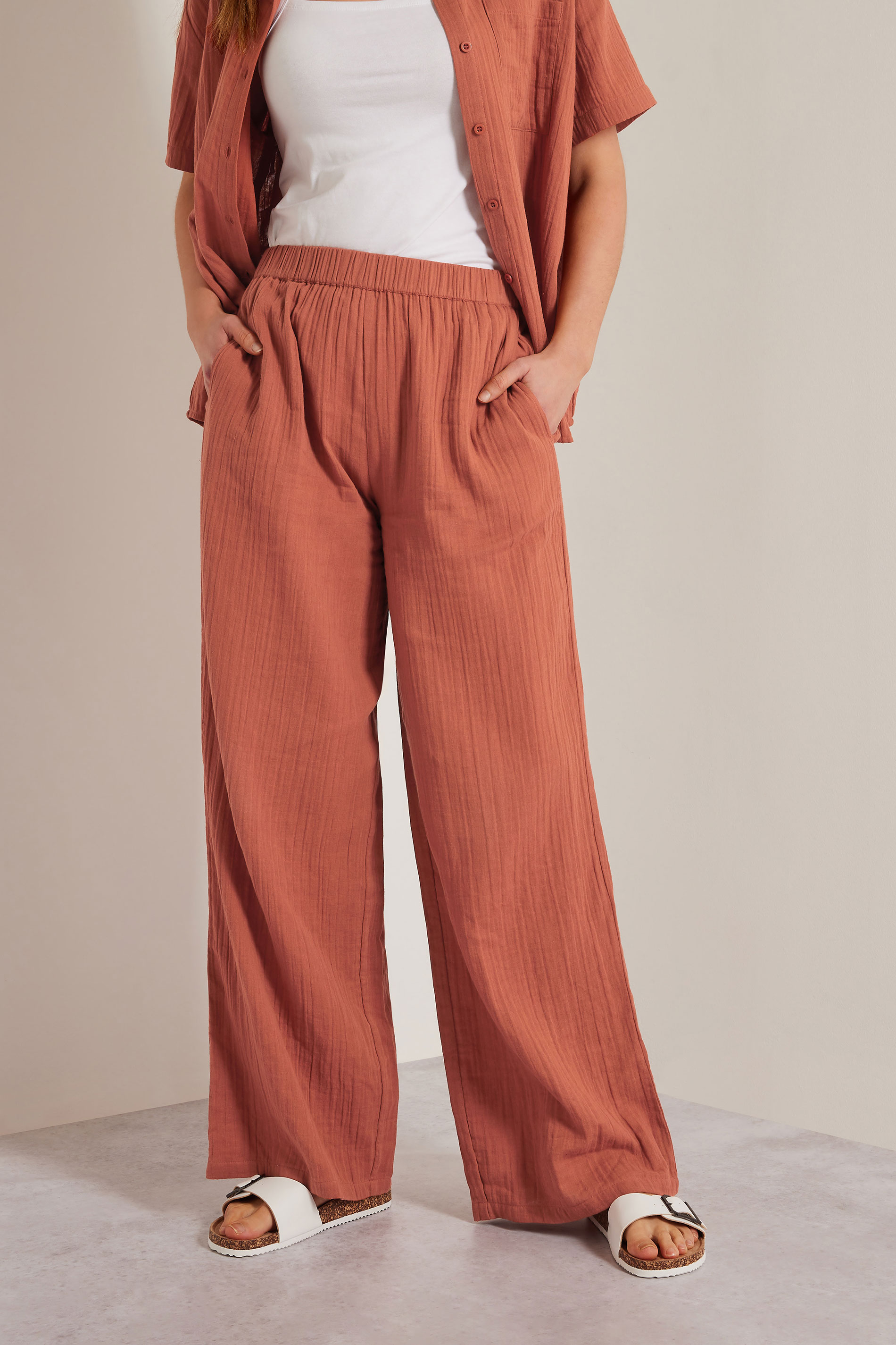 LTS Tall Rust Orange Cotton Cheescloth Wide Leg Trousers | Long Tall Sally 2