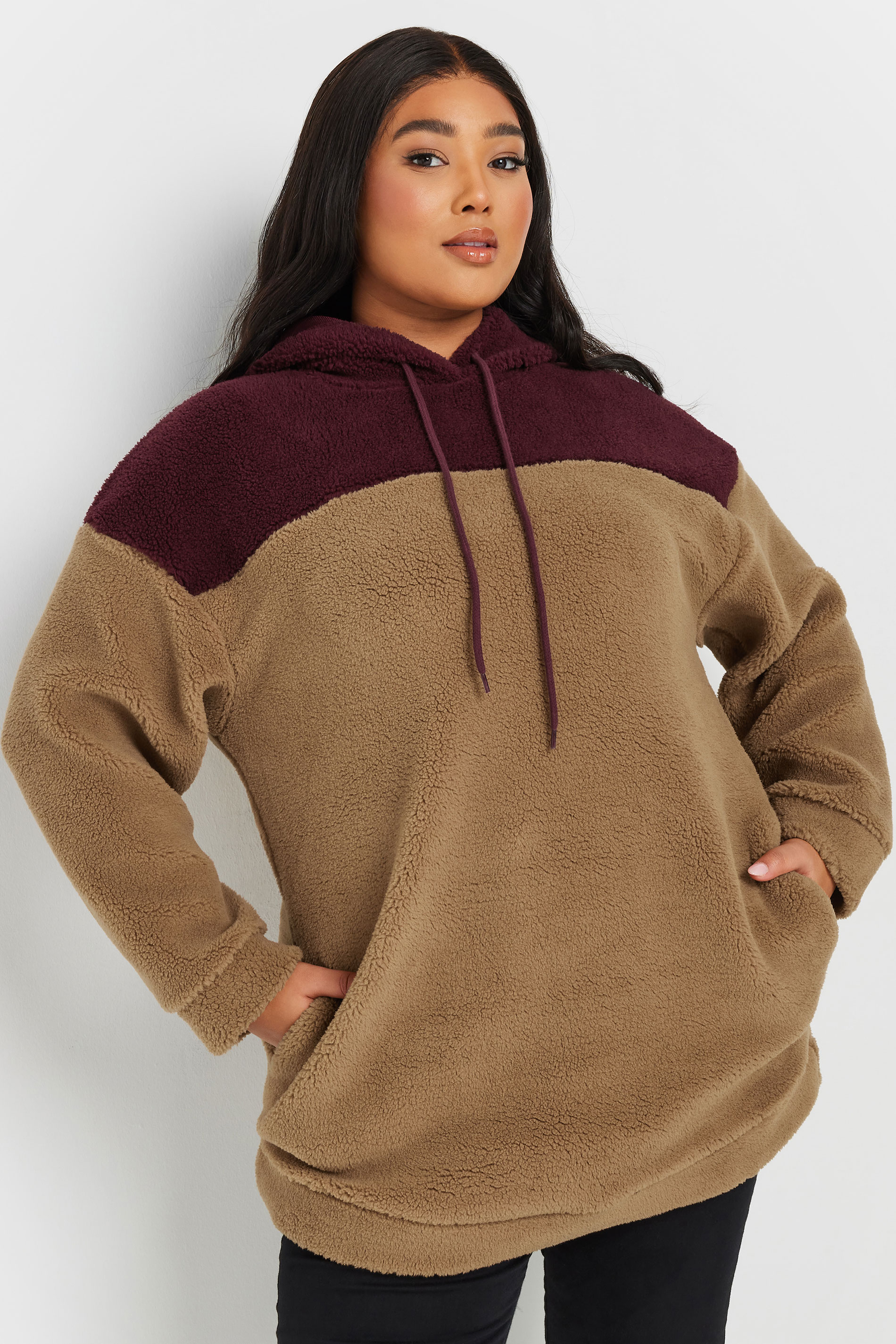 YOURS Plus Size Natural Brown & Burgundy Red Colourblock Teddy Fleece Hoodie | Yours Clothing  3