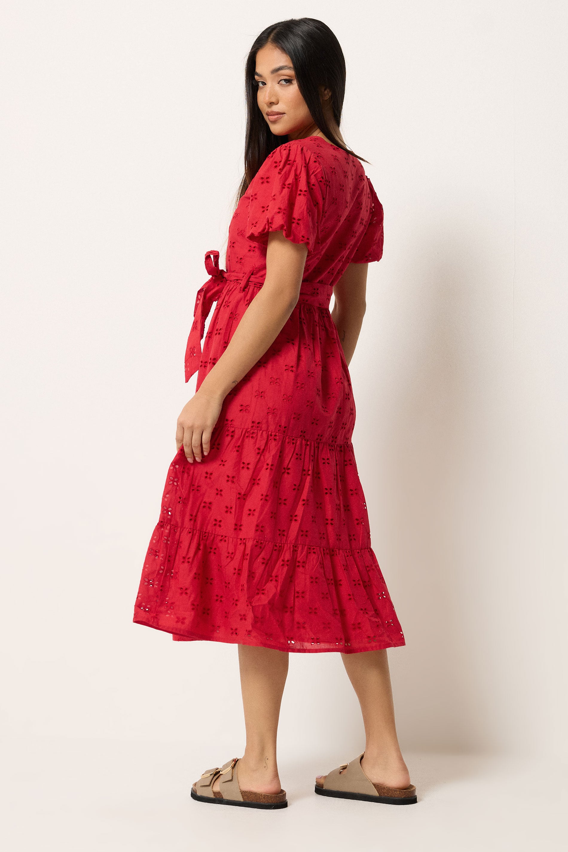 M&Co Petite Red Broderie Tie Waist Cotton Midi Dress | M&Co 2