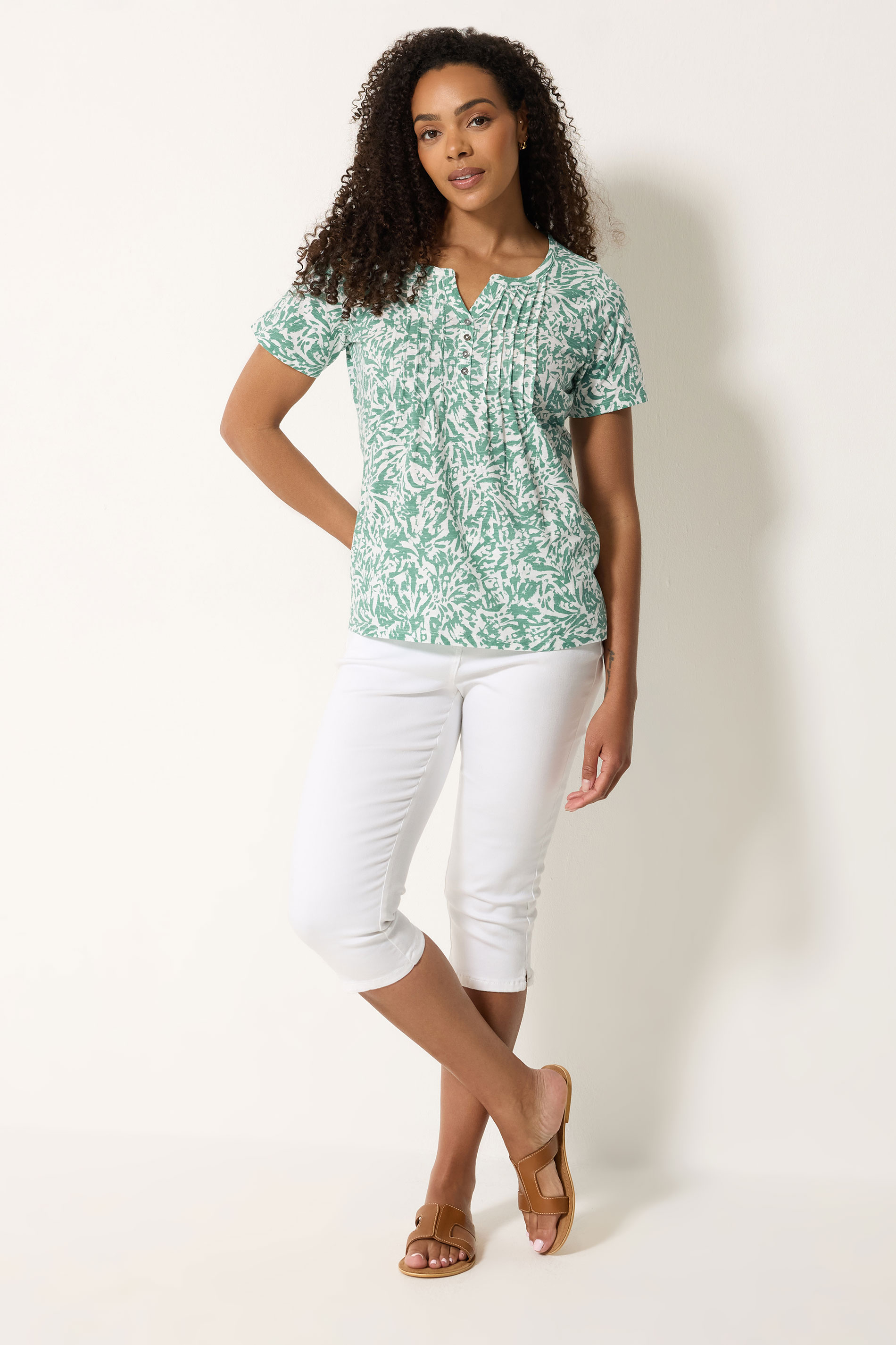 M&Co Green Abstract Print Cotton Henley Top | M&Co 1