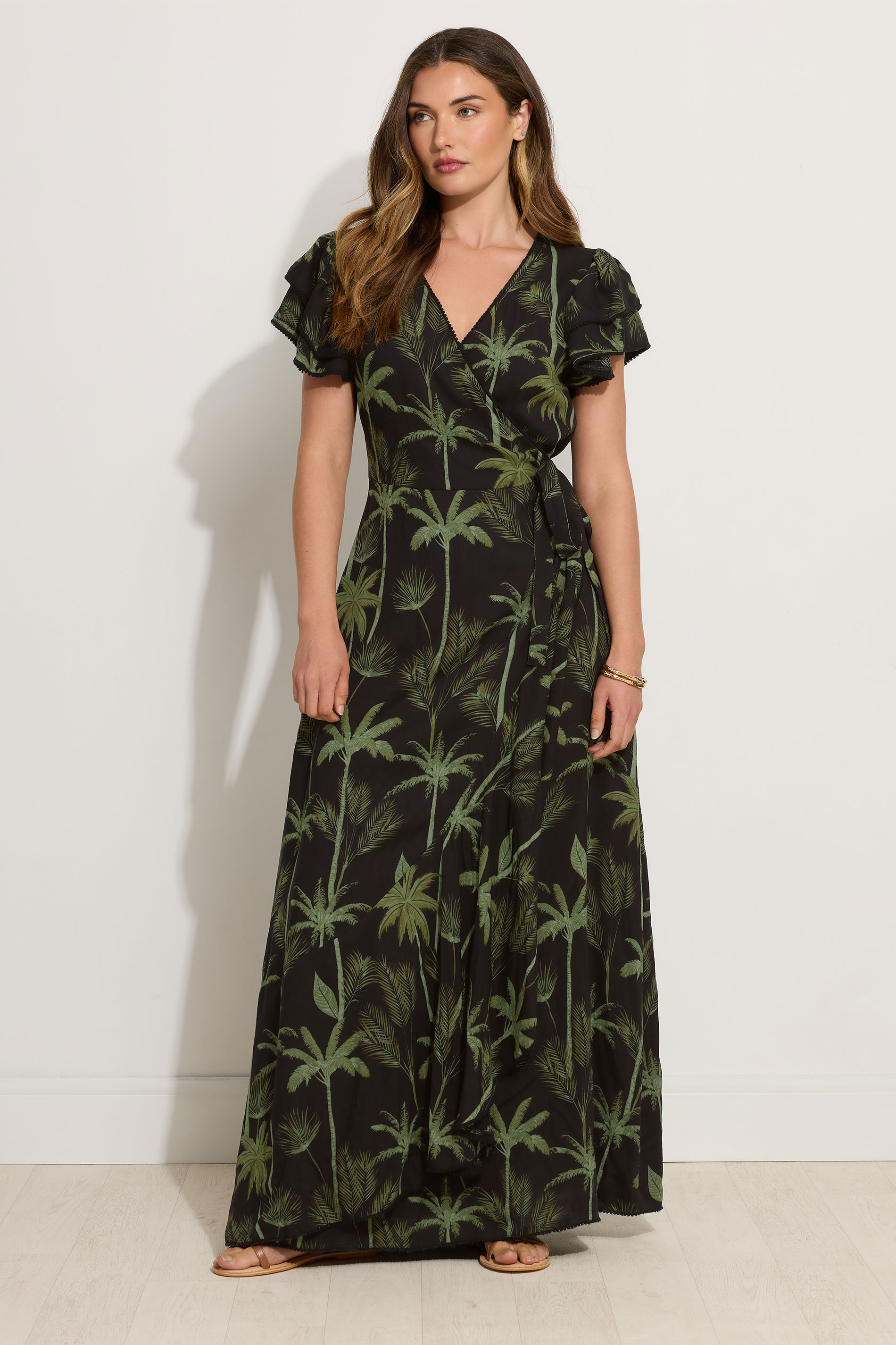 LTS Tall Black Tropical Palm Frill Sleeve Maxi Dress | Long Tall Sally 1