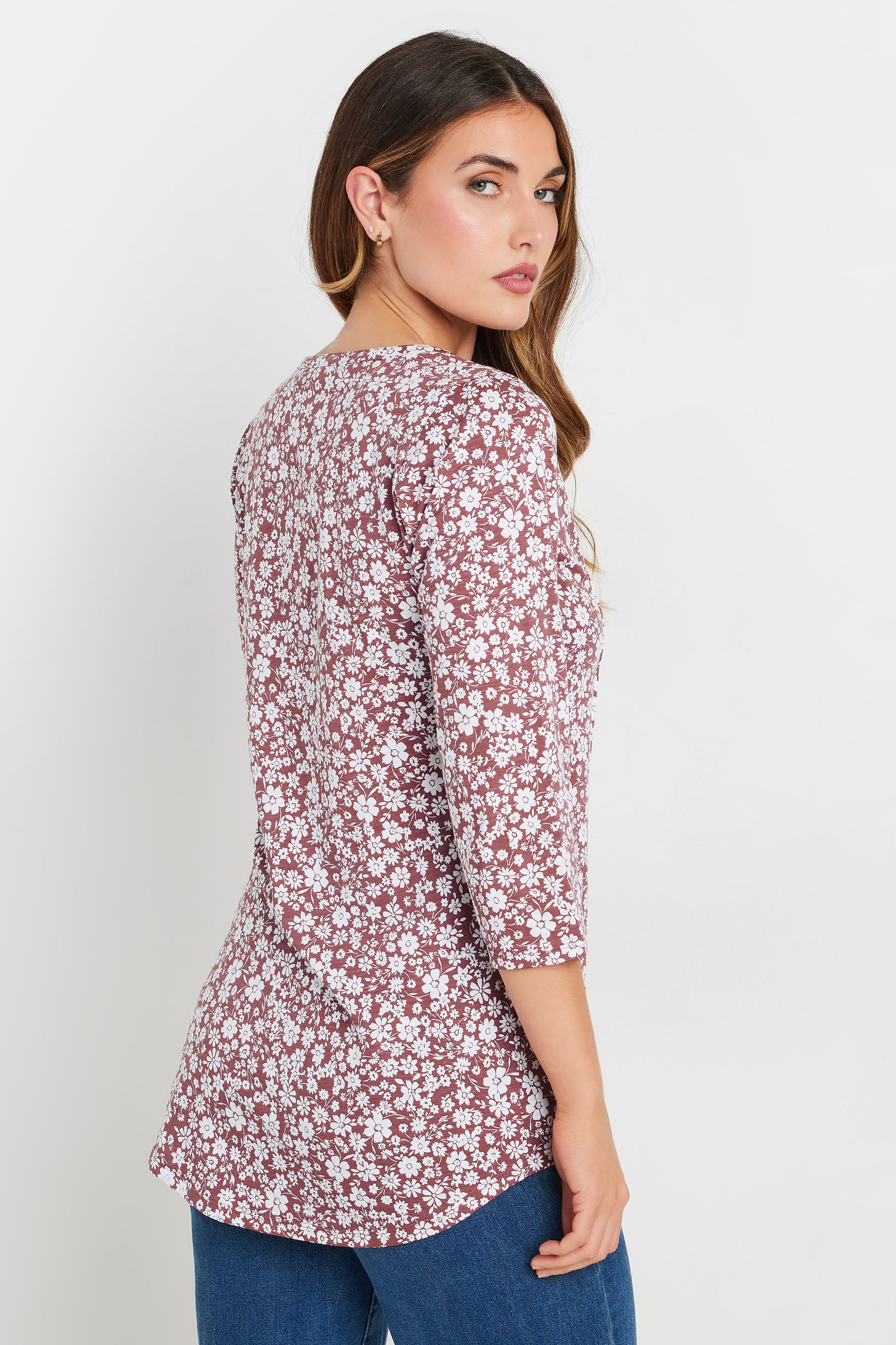 LTS Tall Blush Pink Ditsy Floral Cotton Henley Top | Long Tall Sally 2