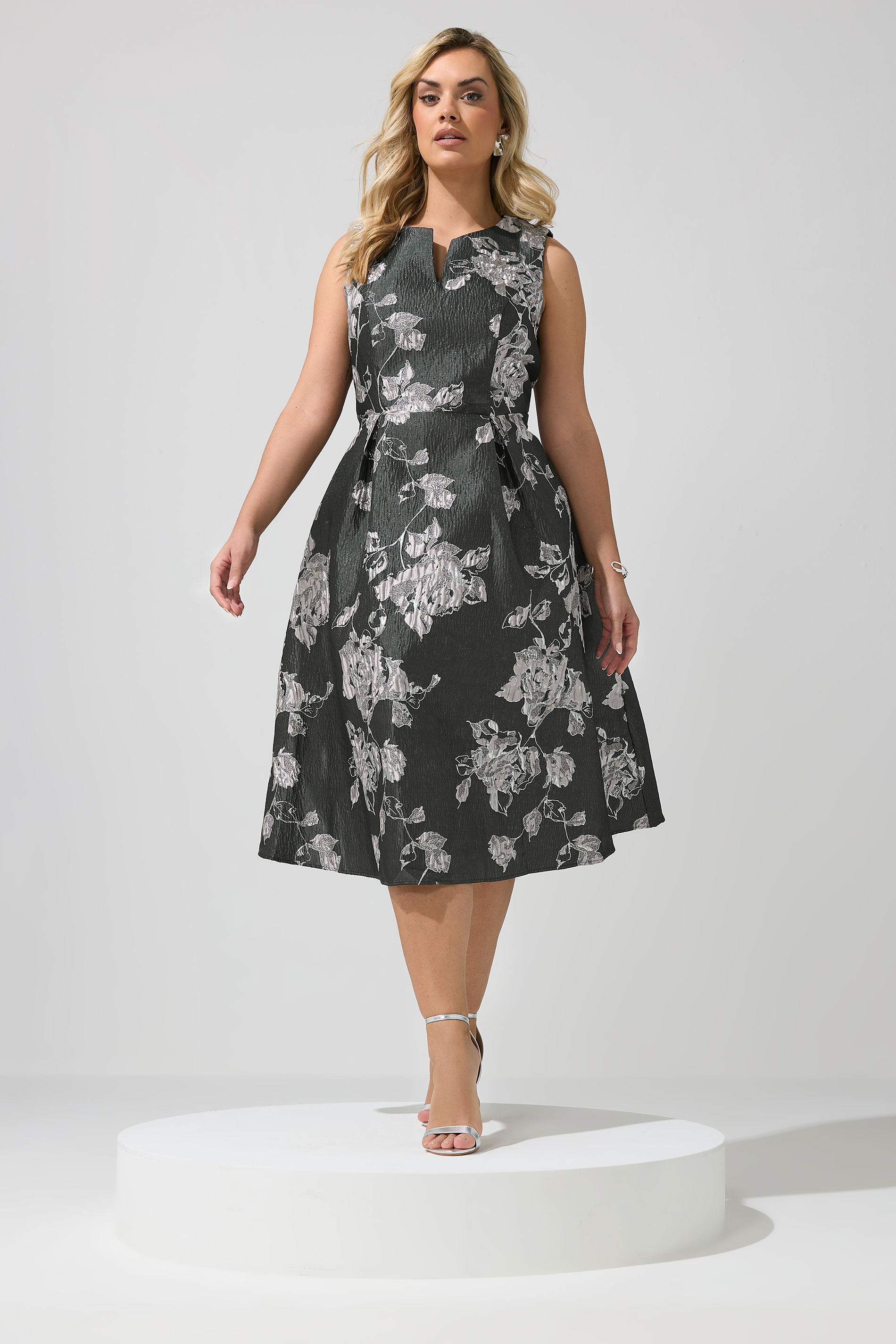 YOURS LONDON Plus Size Black Floral Premium Satin Jacquard Midi Dress | Yours Clothing 1