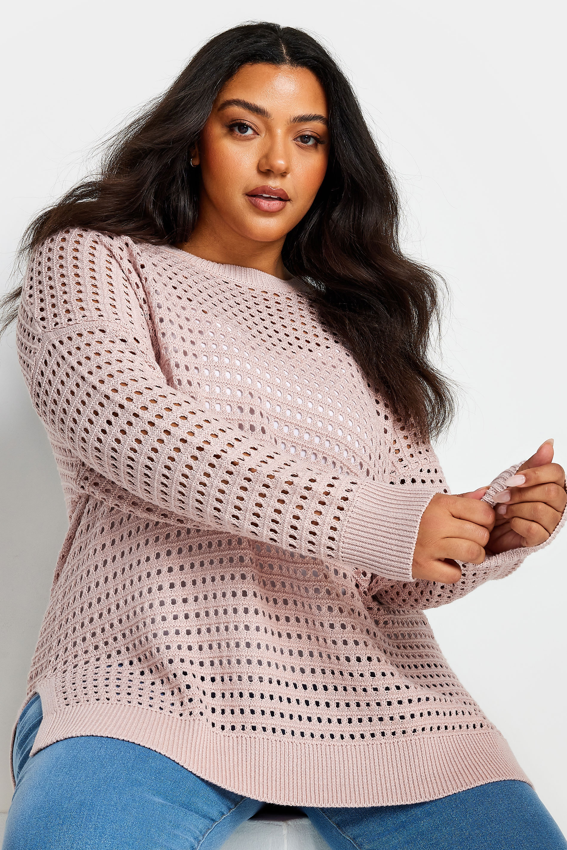 YOURS Plus Size Pink Side Split Crochet Jumper | Yours Clothing 1