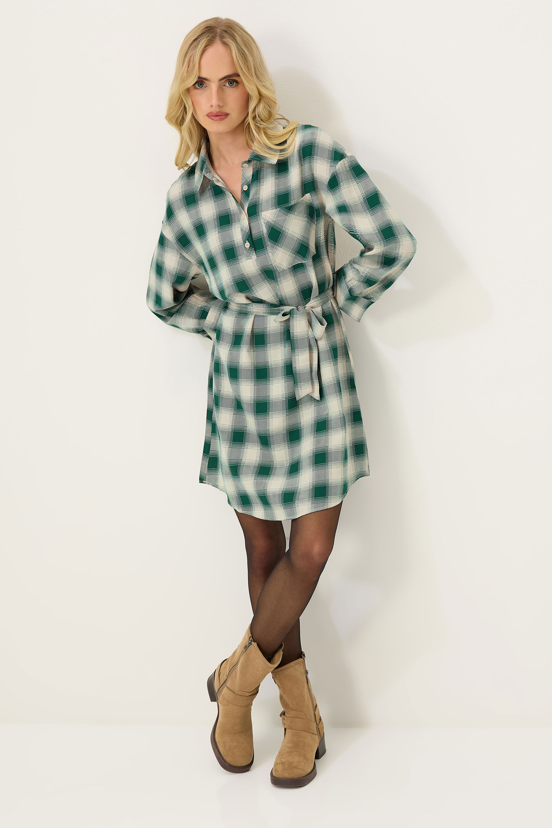 PixieGirl Petite Women's Green Check Print Shirt Dress | PixieGirl 1