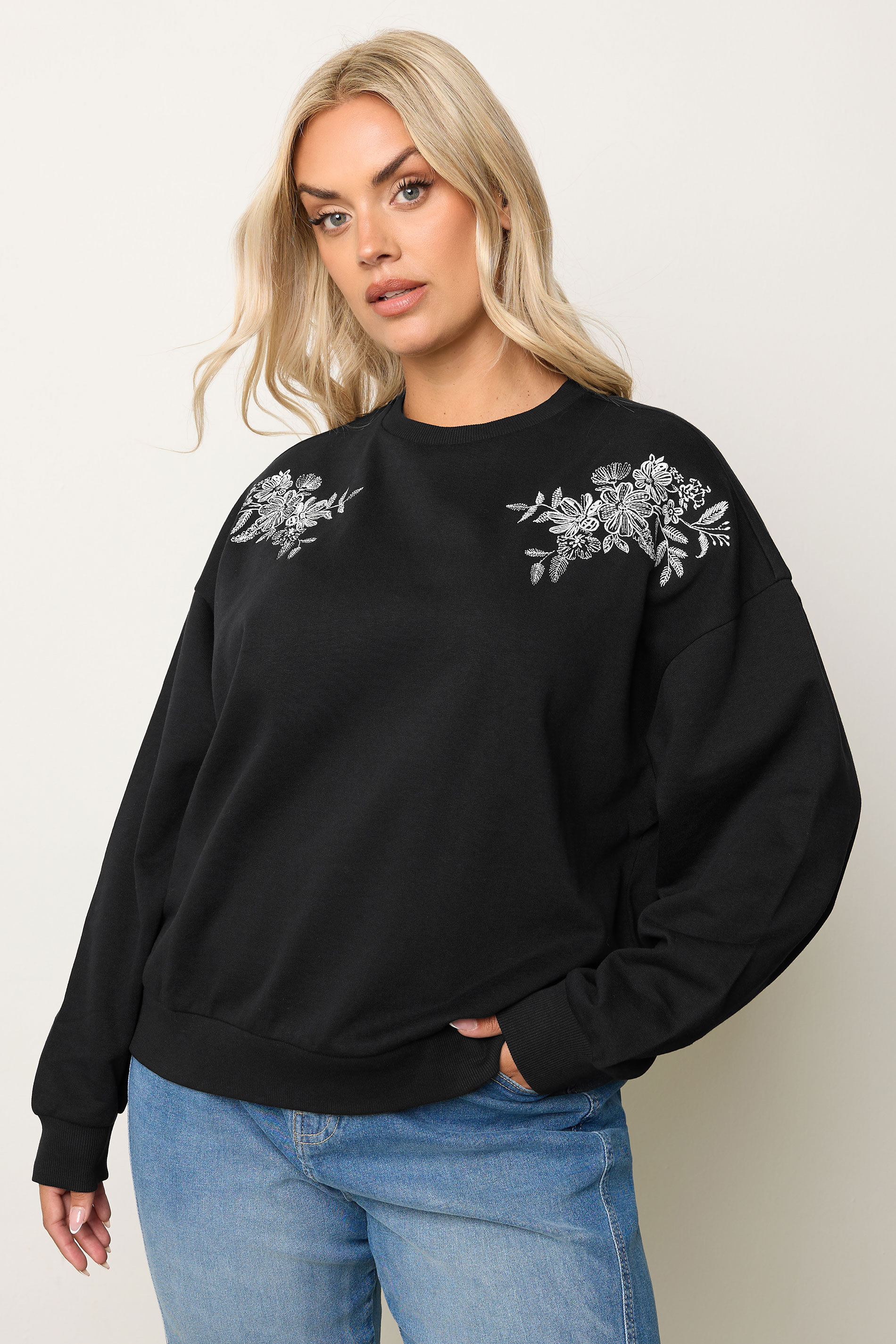 YOURS Plus Size Black Embroidered Sweatshirt | Yours Clothing 3