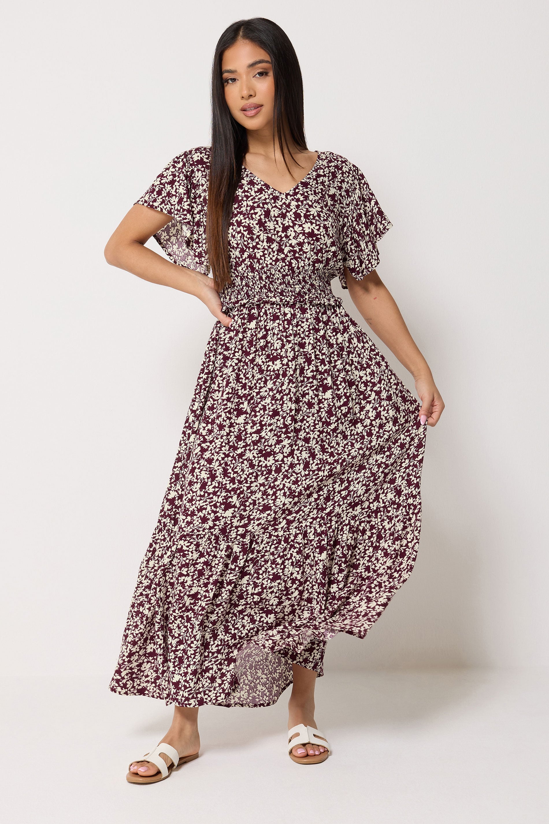 M&Co Petite Berry Purple Floral Shirred Waist Maxi Dress | M&Co 1
