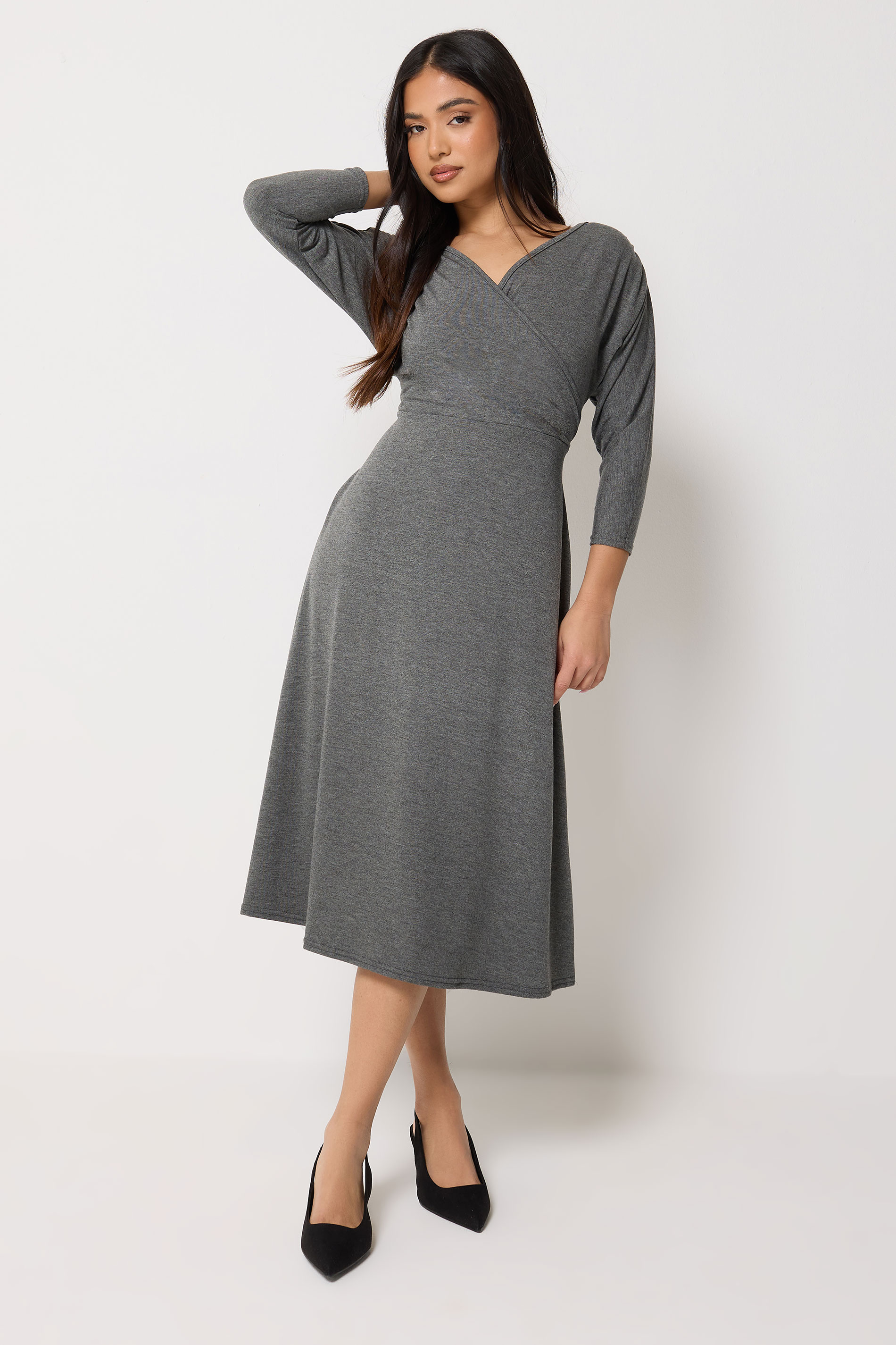 PixieGirl Petite Women's Charcoal Grey Wrap Midi Dress | PixieGirl 1