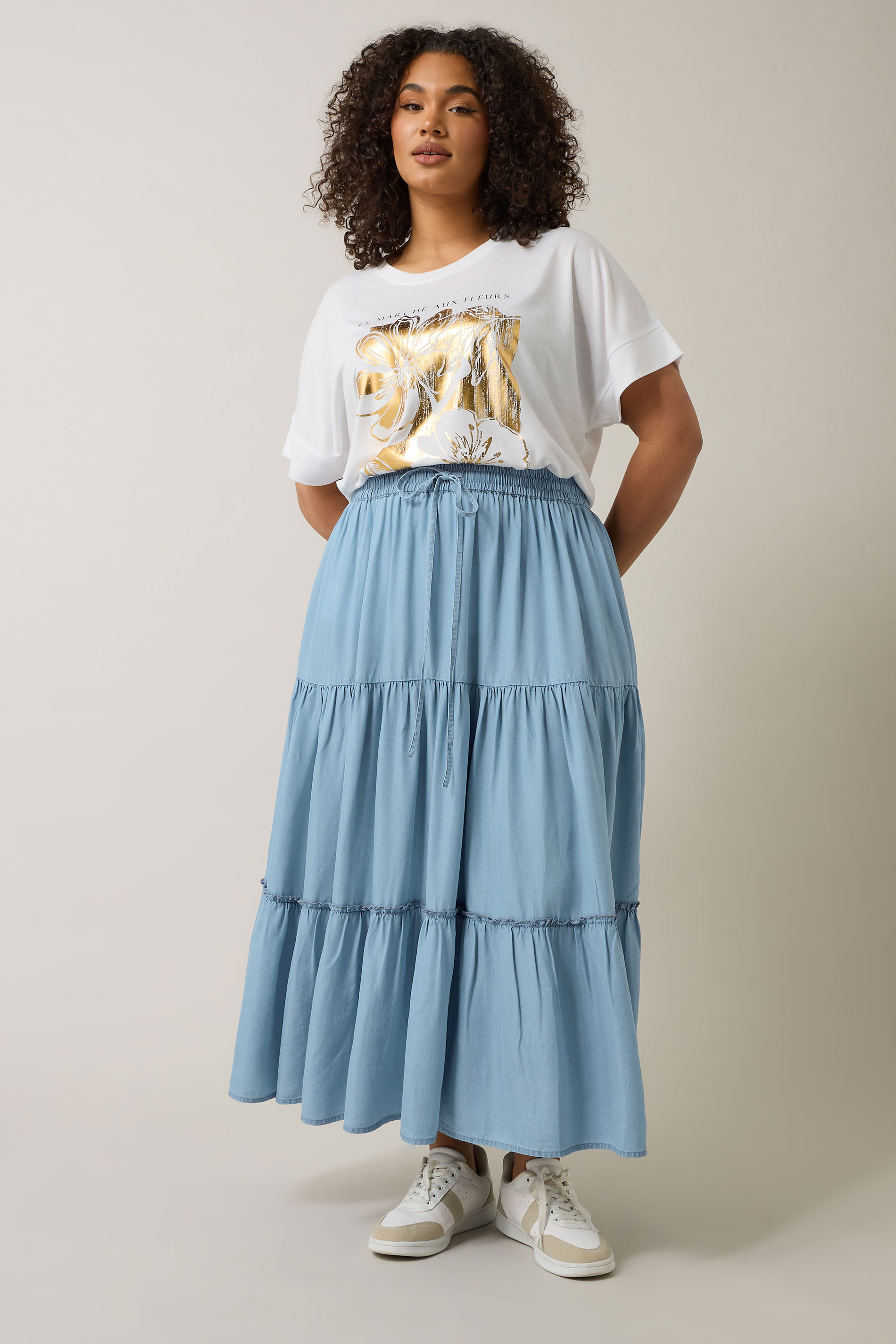 EVANS Plus Size Light Blue Lyocell Denim Tiered Skirt | Evans 3