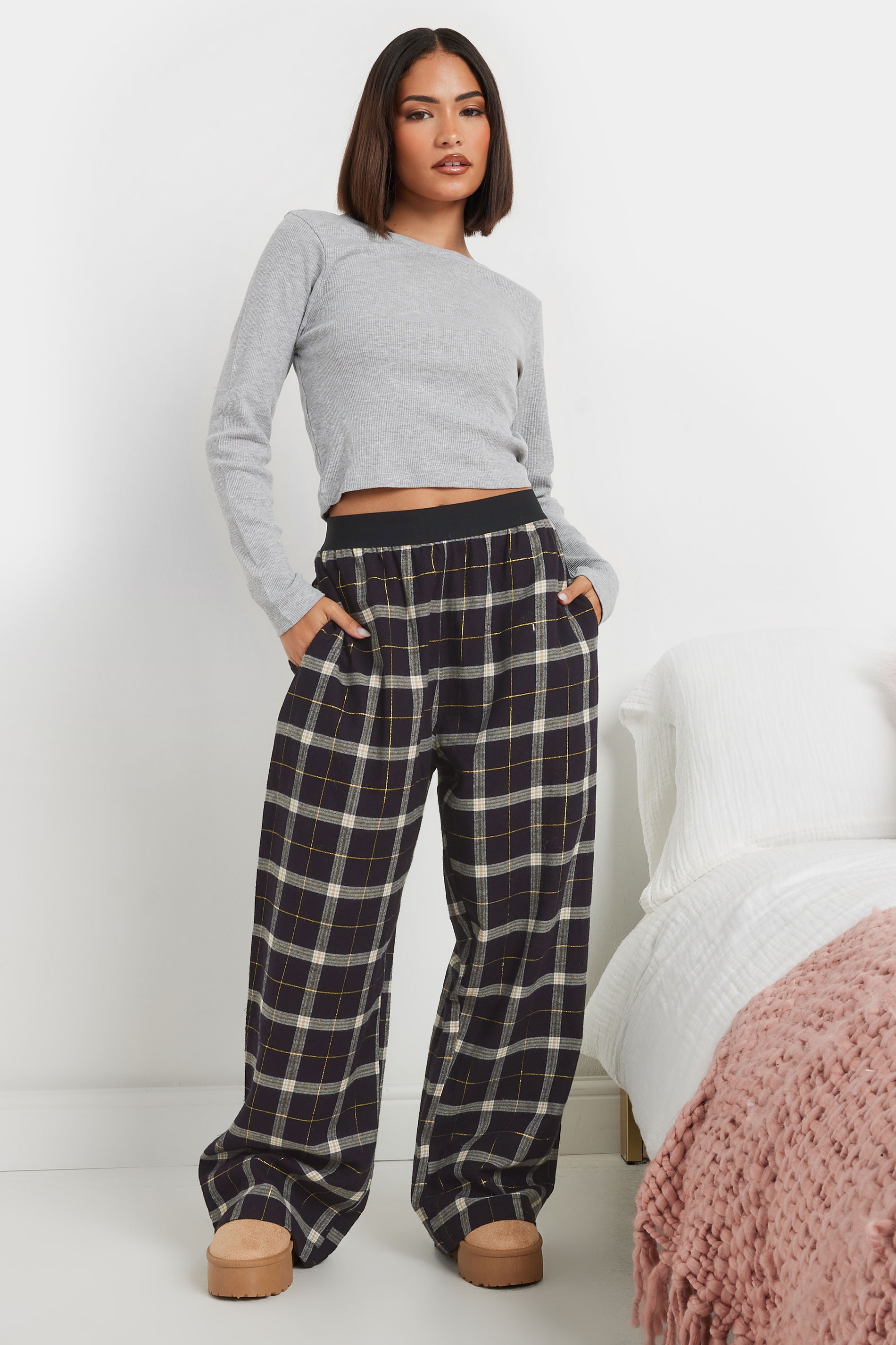 PixieGirl Petite Women's Grey Marl Ribbed Pyjama Top | PixieGirl 1