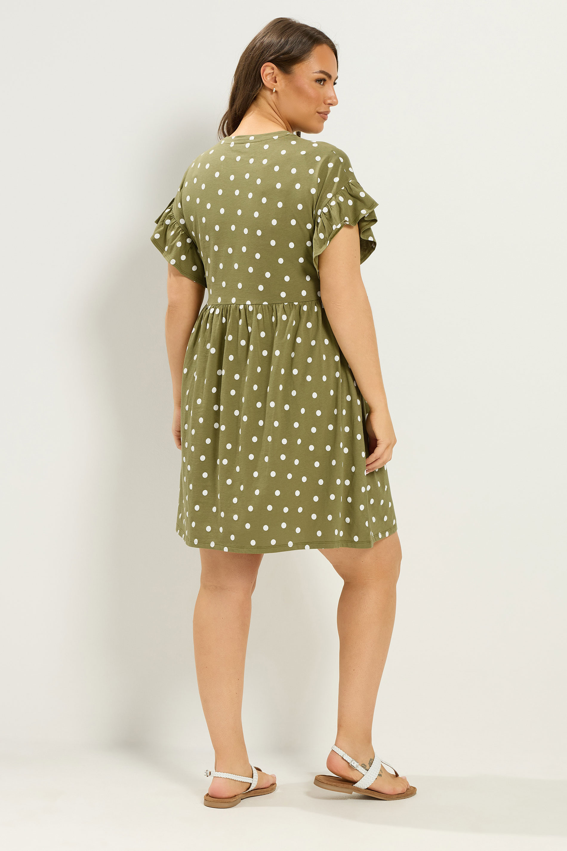 YOURS Plus Size Khaki Green Polka Dot Tunic Dress | Yours Clothing 2