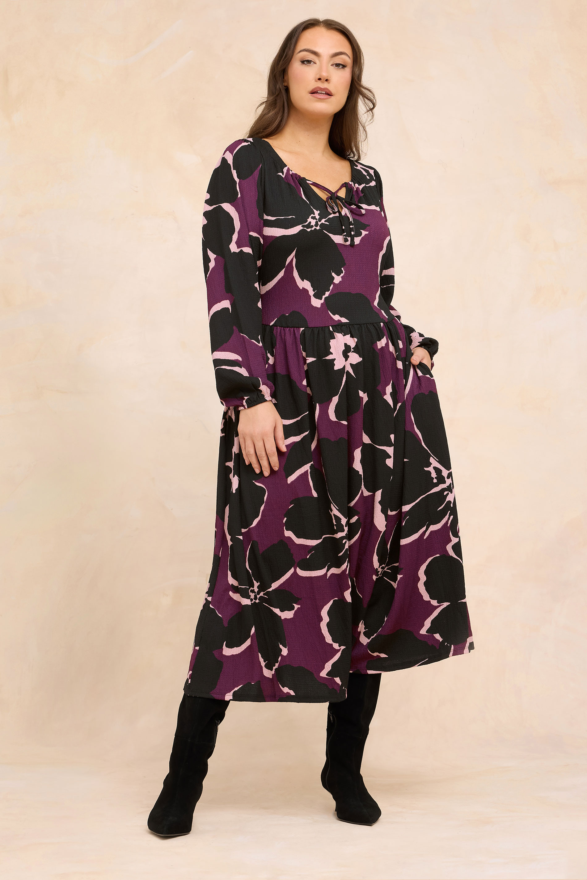 EVANS Plus Size Purple Floral Tie Neck Maxi Dress | Evans 1