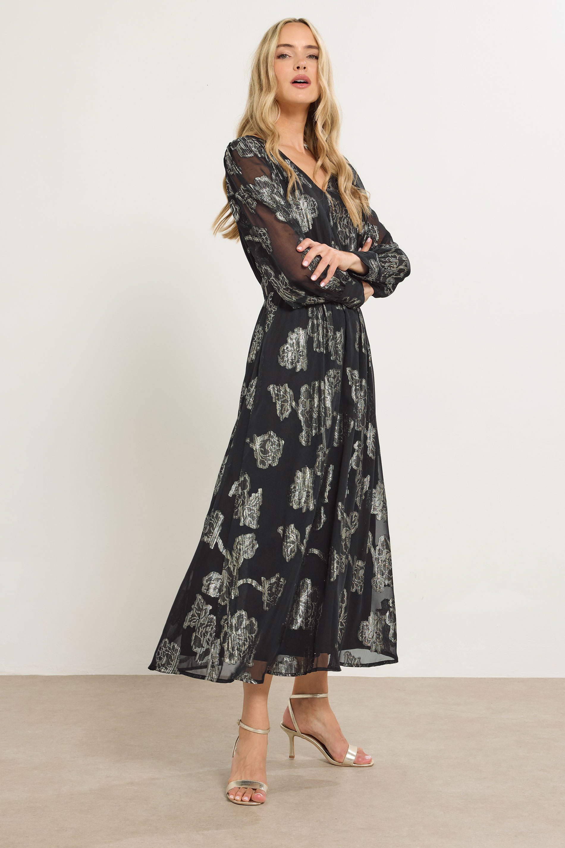 LTS Tall Black & Gold Floral Jacquard Maxi Dress | Long Tall Sally  3