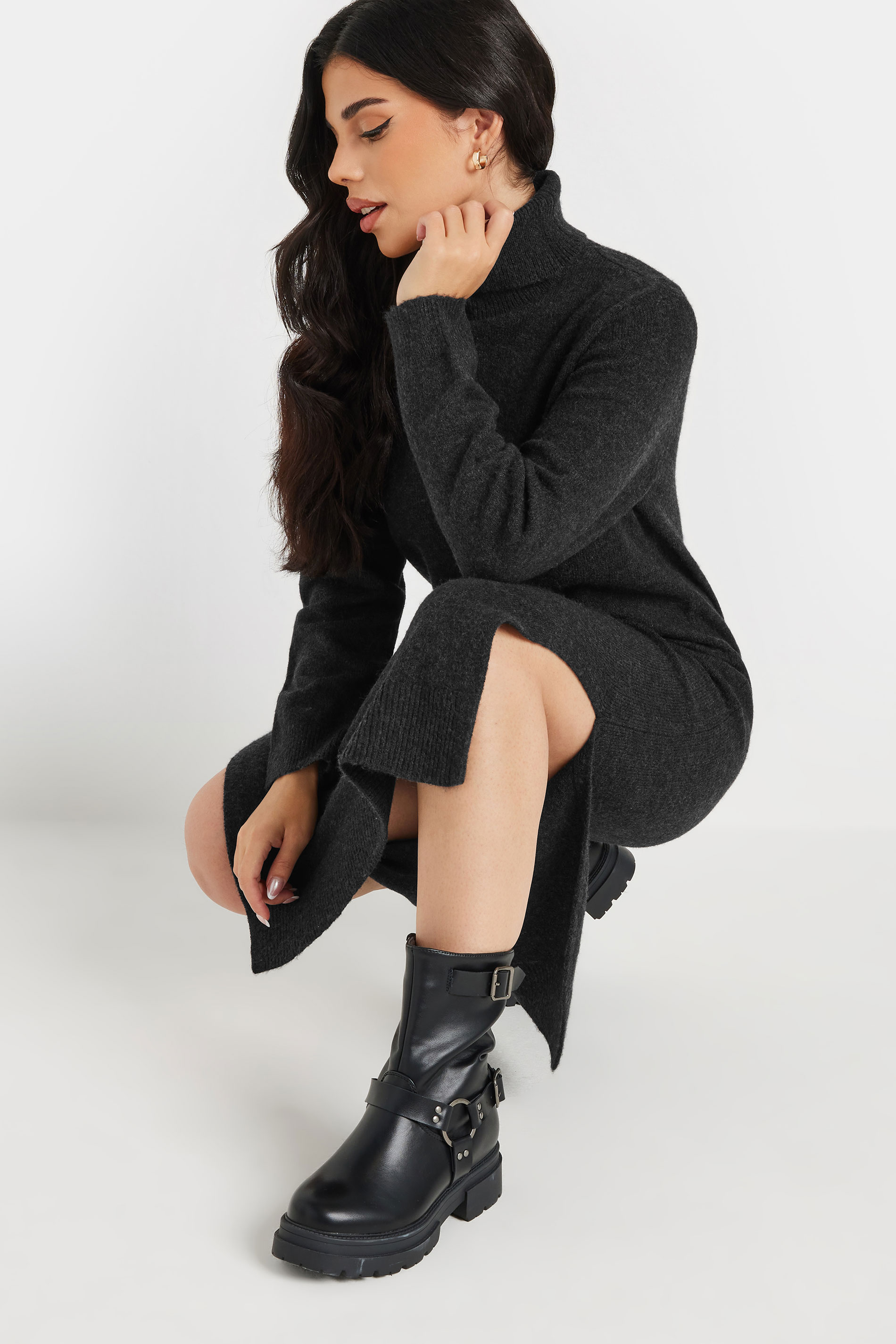 PixieGirl Petite Women's Black Knitted Roll Neck Jumper Dress | PixieGirl 2