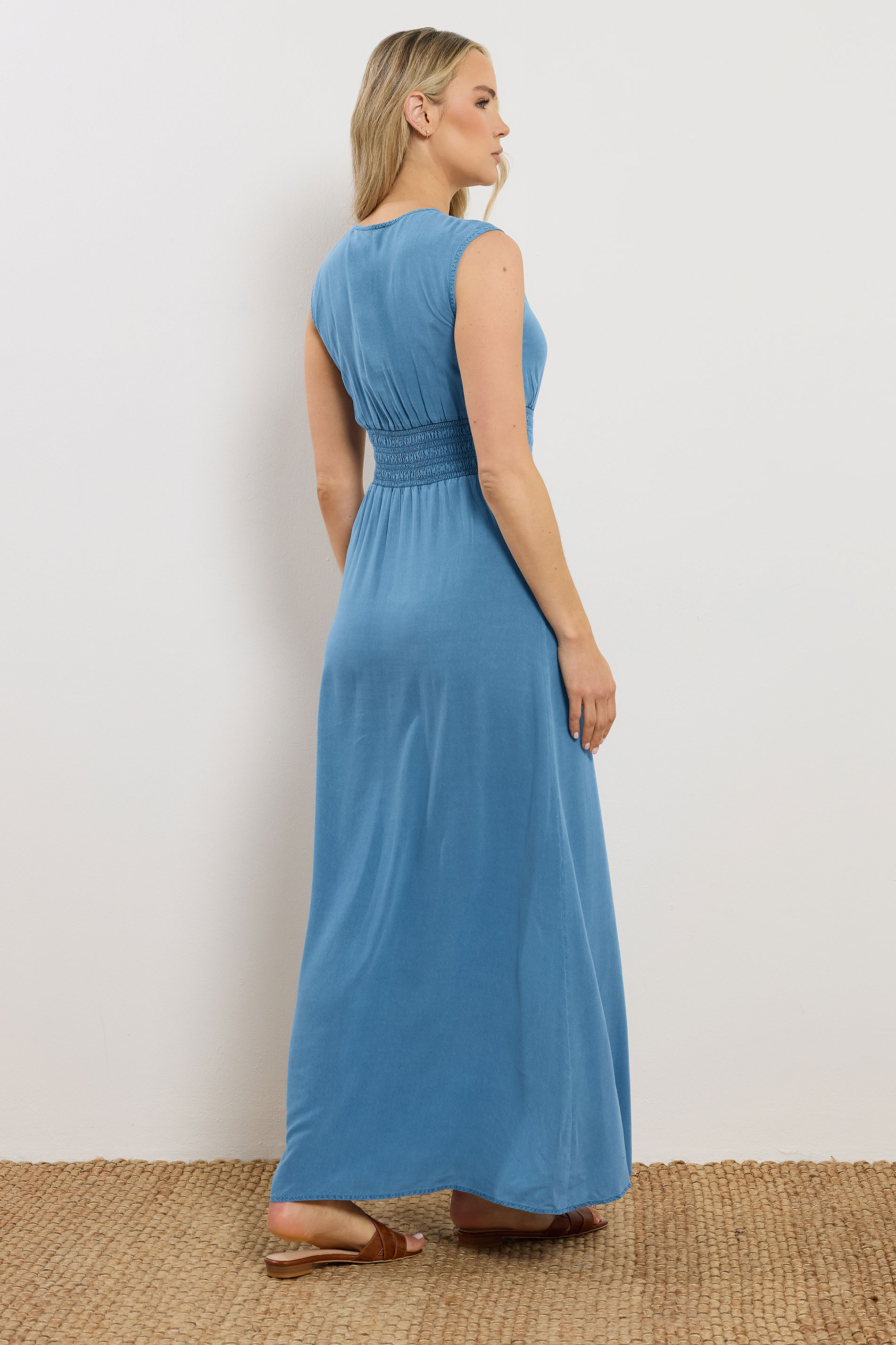 LTS Tall Women's Mid Blue Shirred Waist Maxi Dress | Long Tall Sally 1
