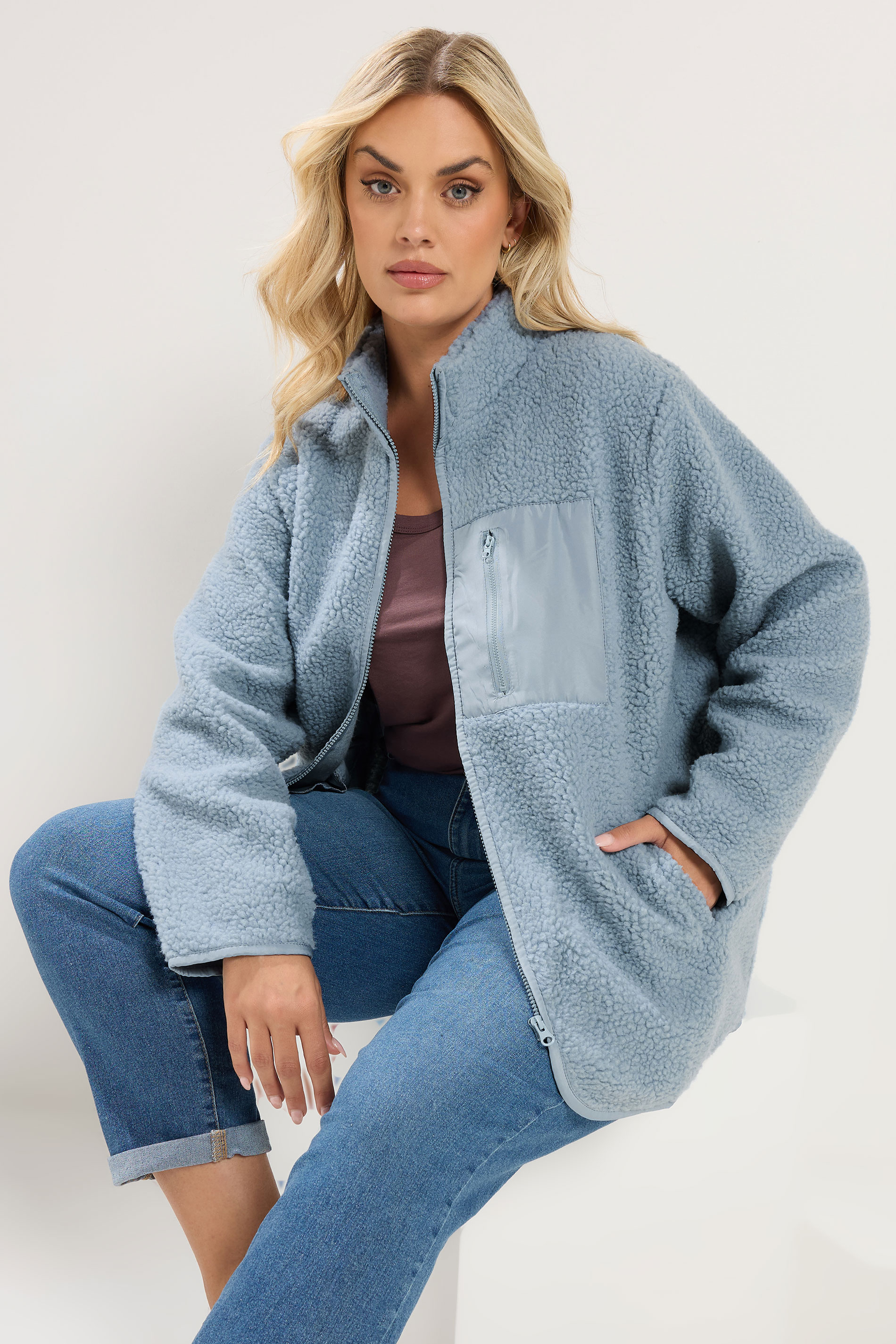 YOURS Plus Size Blue Teddy Borg Zip Through Fleece | Yours Clothing 1