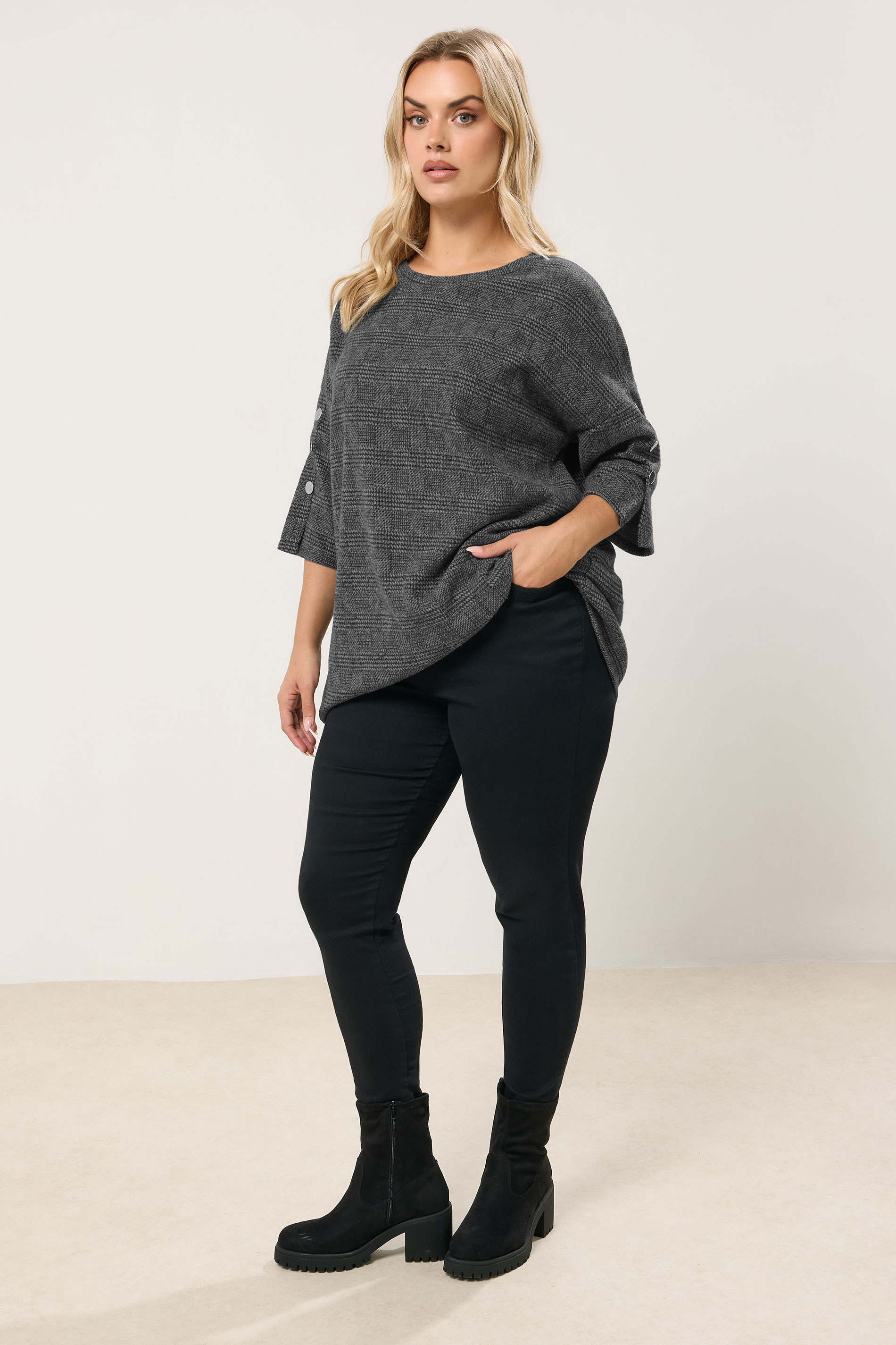YOURS Plus Size Grey Check Soft Touch Button Top | Yours Clothing 1