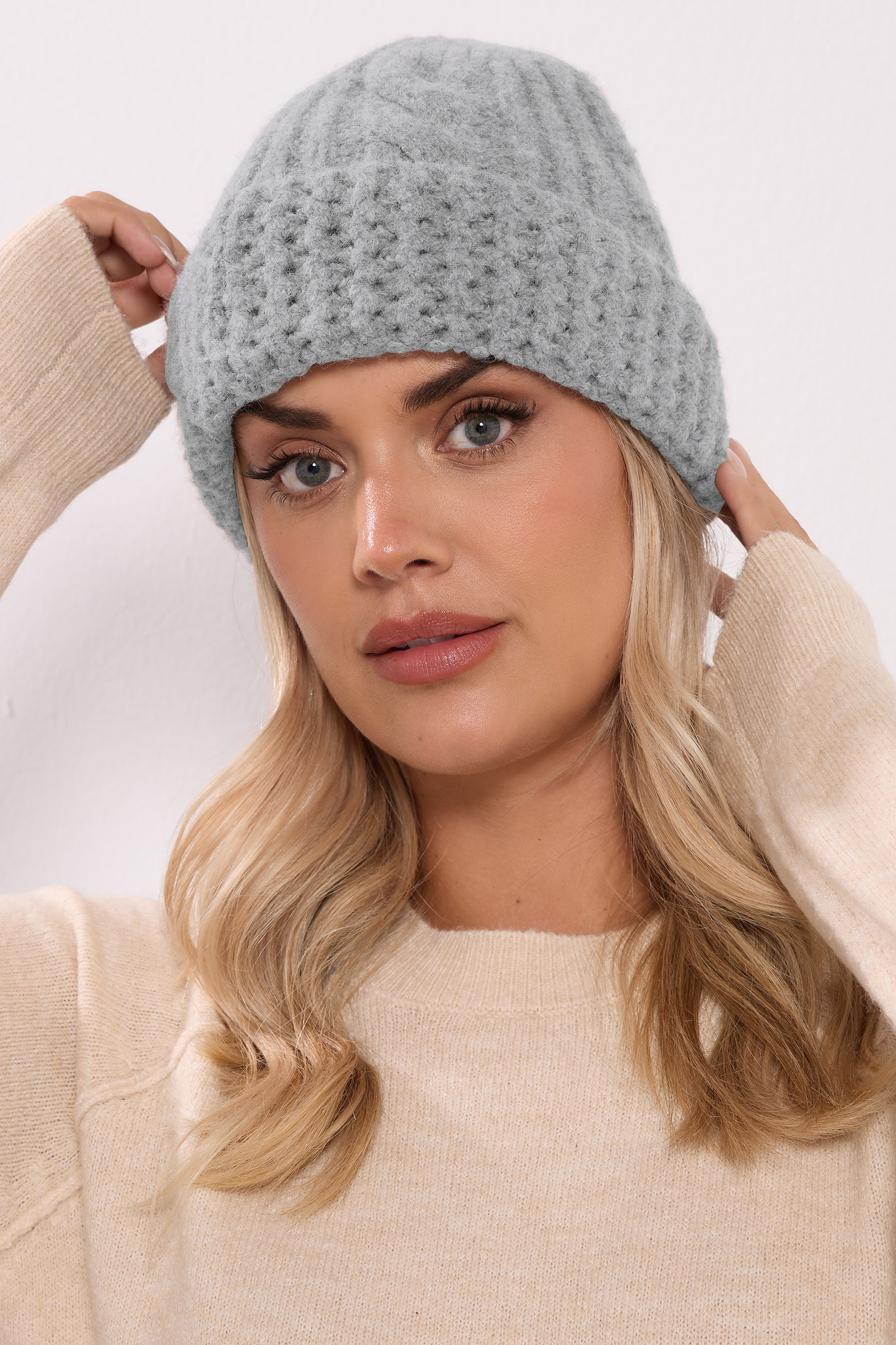 Grey Cable Knit Beanie Hat | Yours Clothing 1