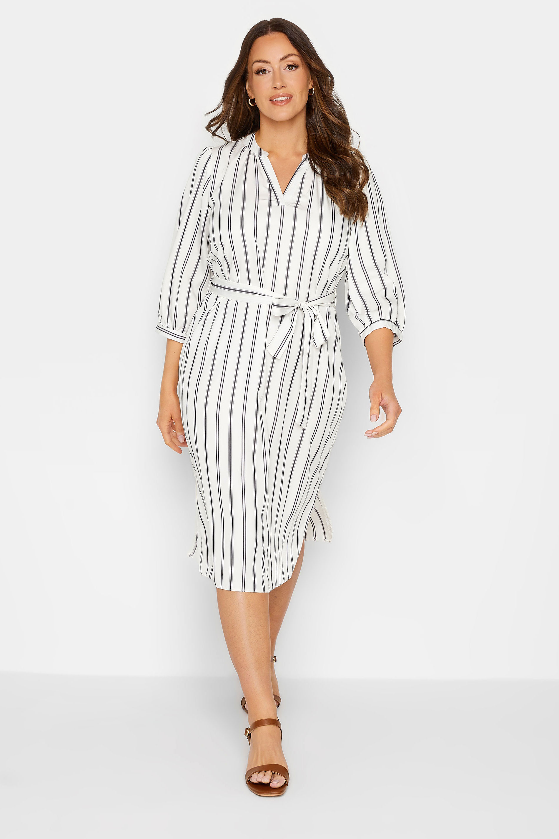 M&Co White Stripe Print Tie Waist Tunic Dress | M&Co 1