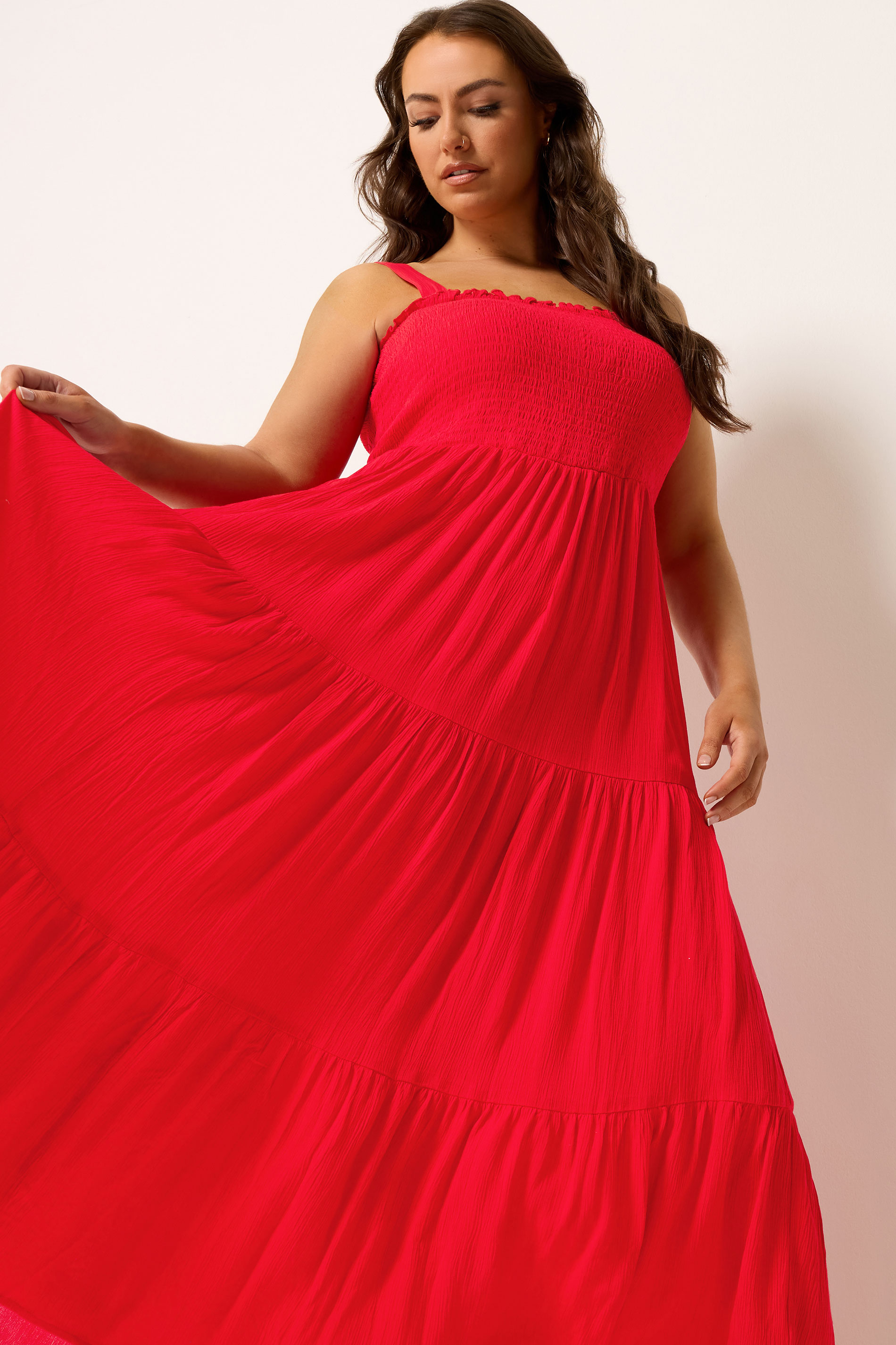 YOURS Curve Red Shirred Maxi Dress | Yours Clothing 1