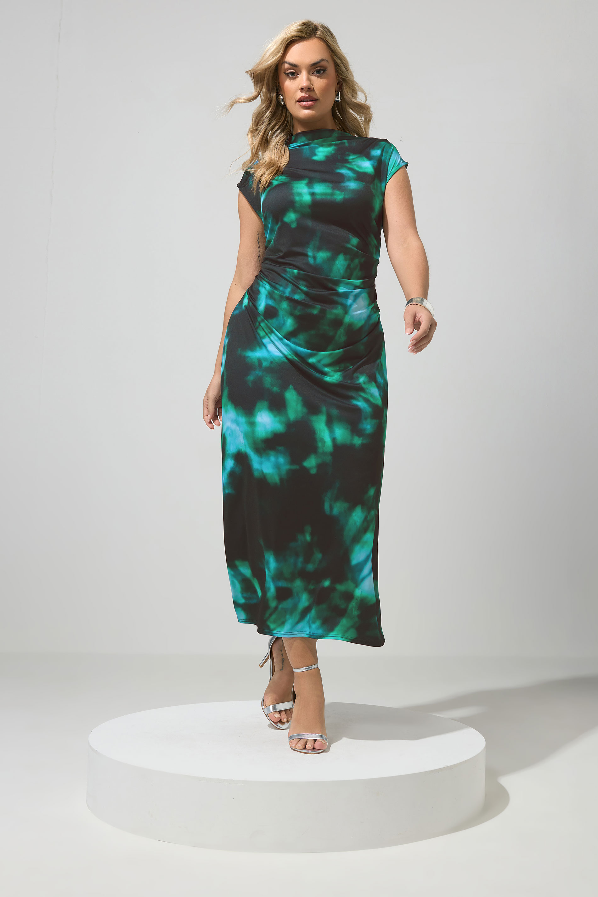YOURS LONDON Plus Size Teal Blue Abstract Drape Dress | Yours Clothing 1