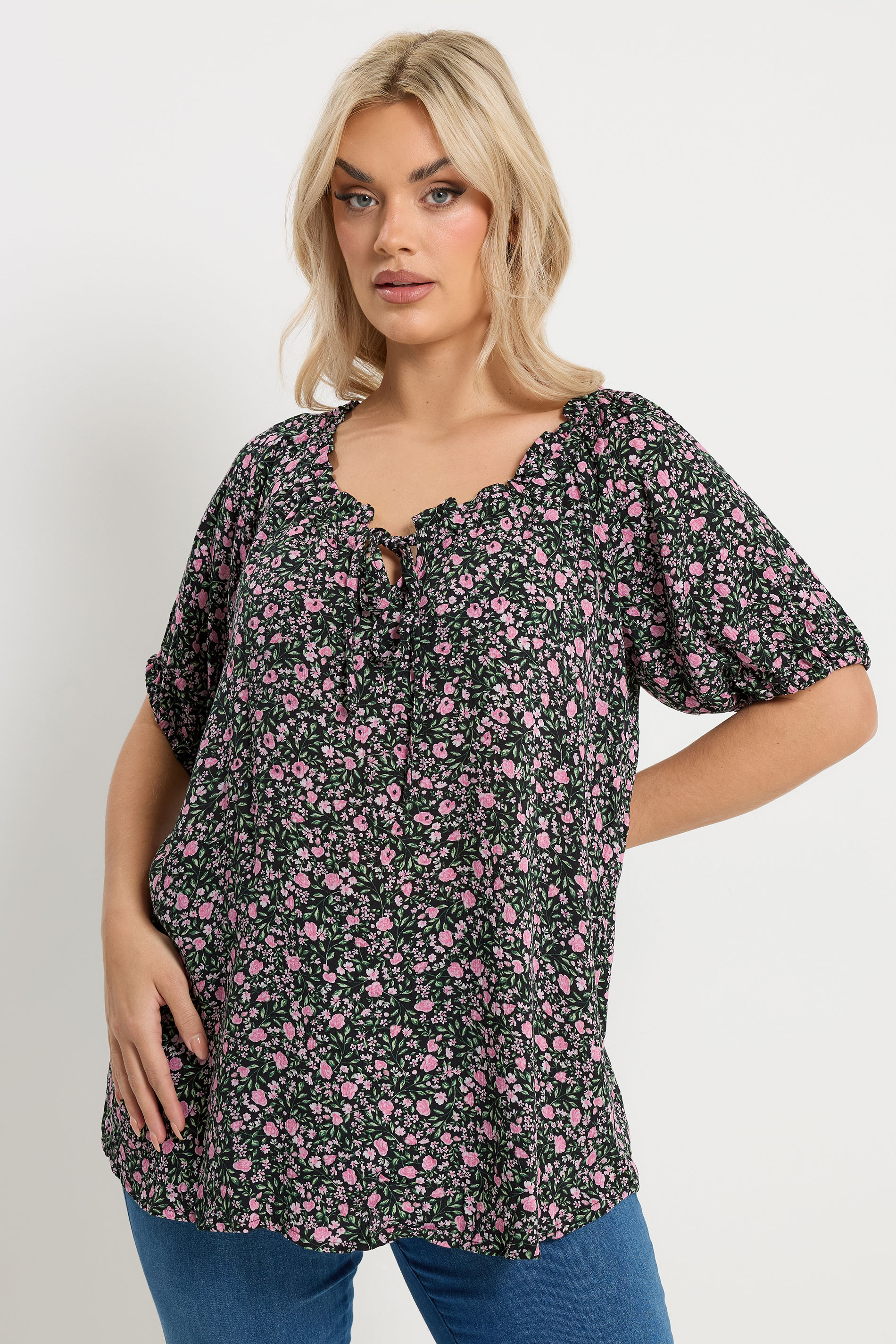 YOURS Plus Size Pink Textured Ditsy Floral Print Top | Yours Clothing 3