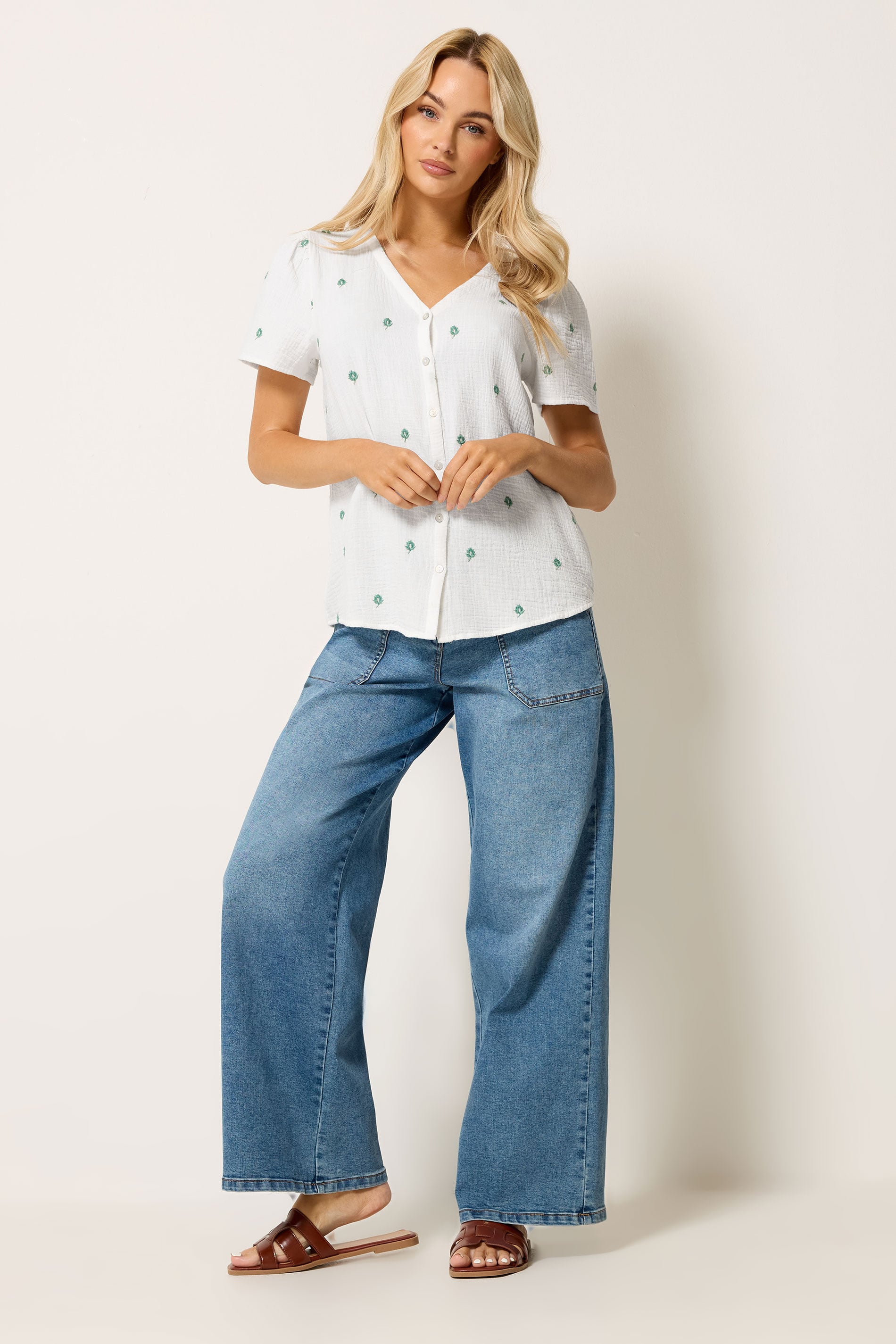 M&Co White Floral Embroidered Short Sleeve Cotton Blouse | M&Co 1