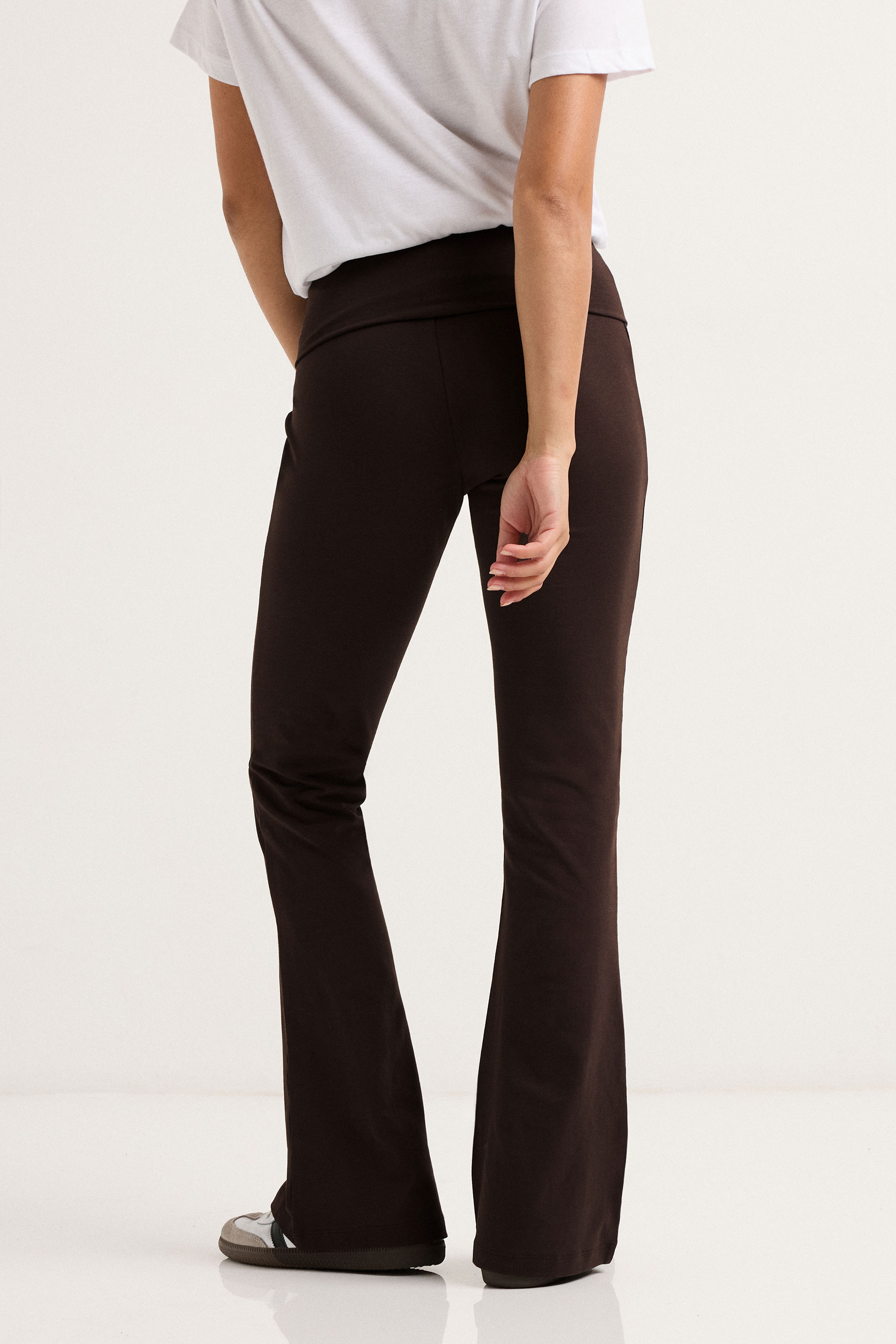PixieGirl Petite Women's Chocolate Brown Fold Over Flared Leggings | PixieGirl 2