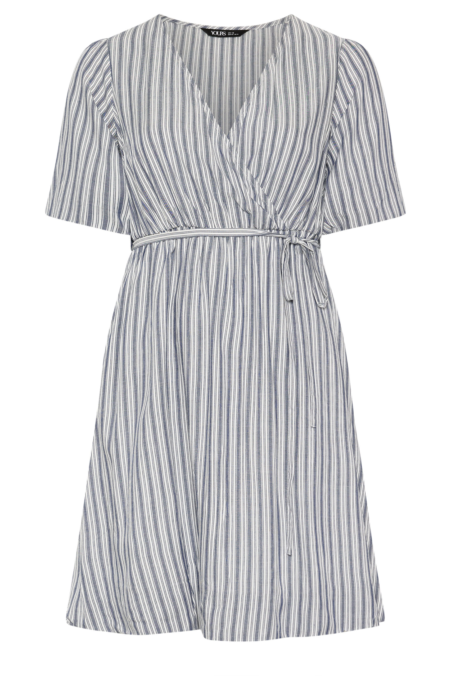 YOURS Plus Size Blue Stripe Puff Ball Wrap Dress | Yours Clothing 5
