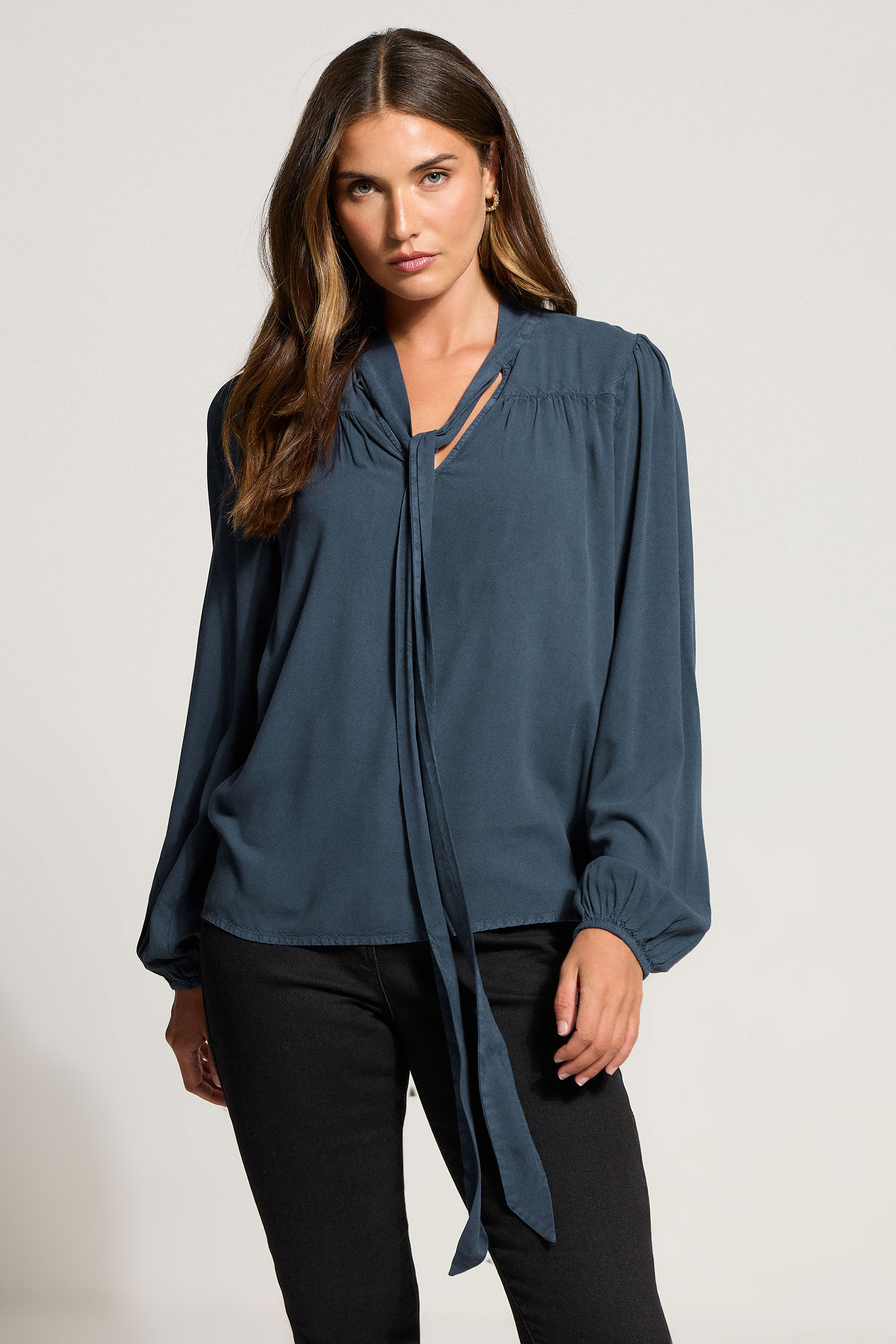 LTS Tall Indigo Blue Acid Wash Tie Neck Blouse | Long Tall Sally 3