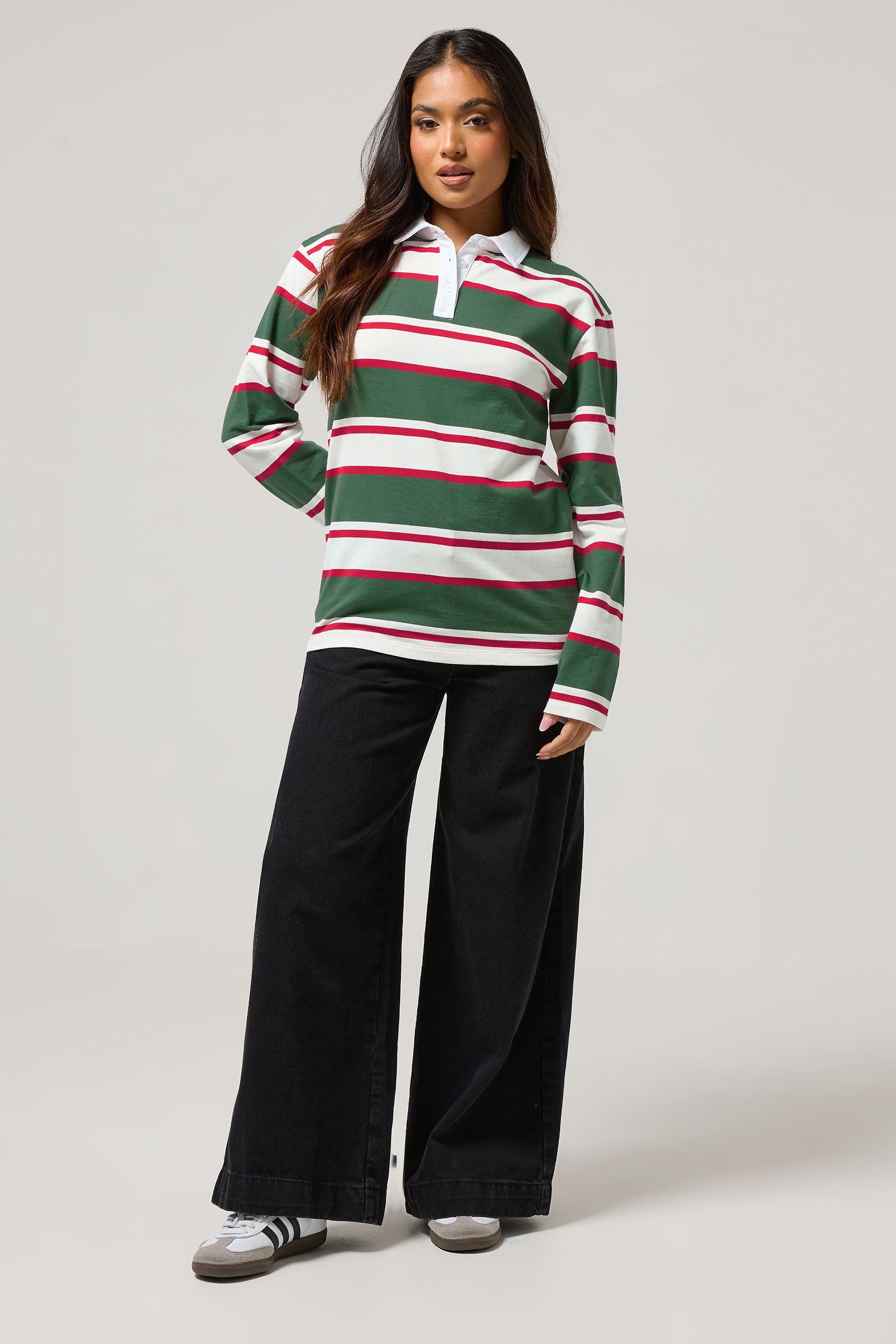 PixieGirl Petite Women's Green & Red Striped Cotton Rugby T-Shirt | PixieGirl 4