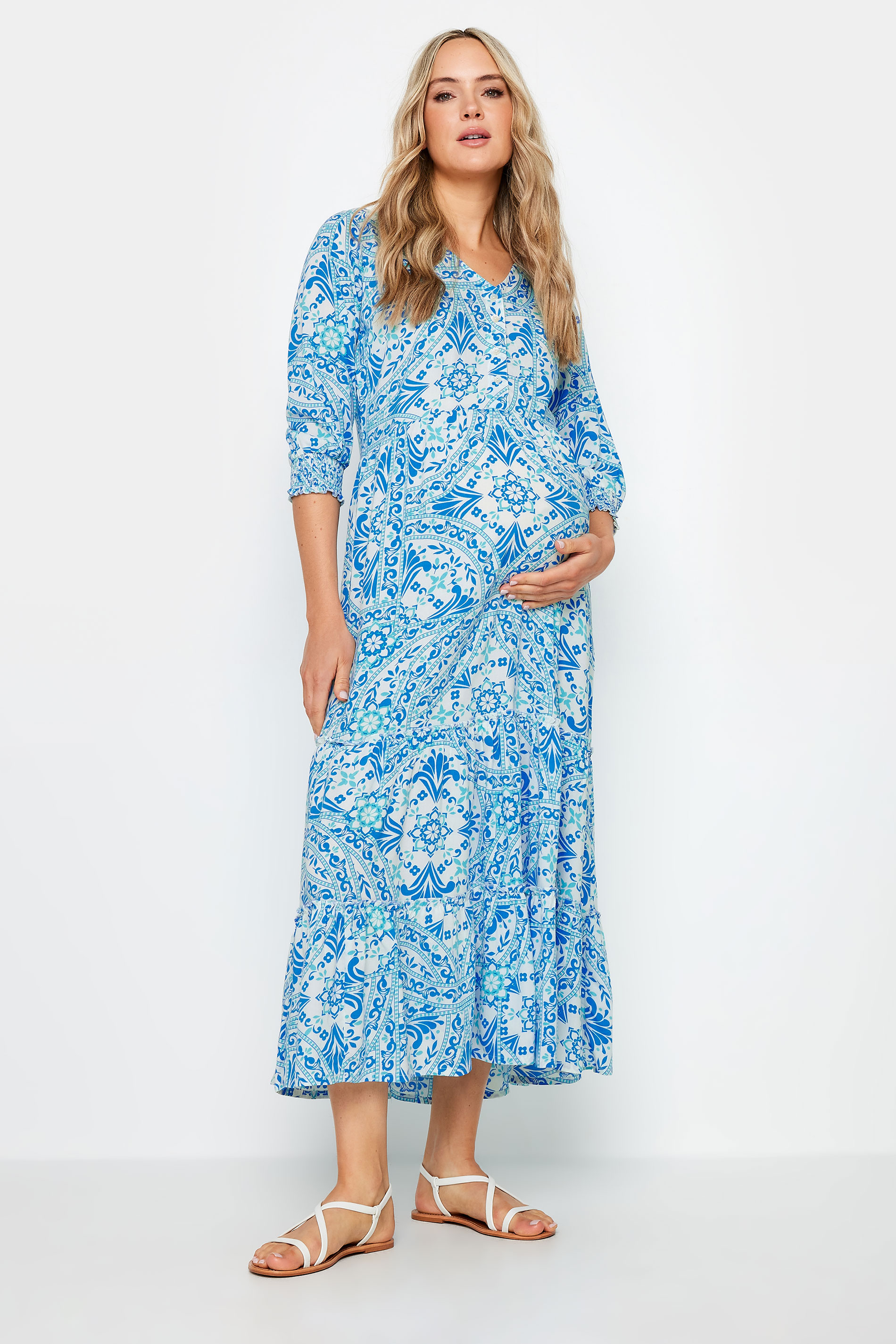 LTS Tall Maternity Blue Tile Print Tiered Midi Dress | Long Tall Sally 3