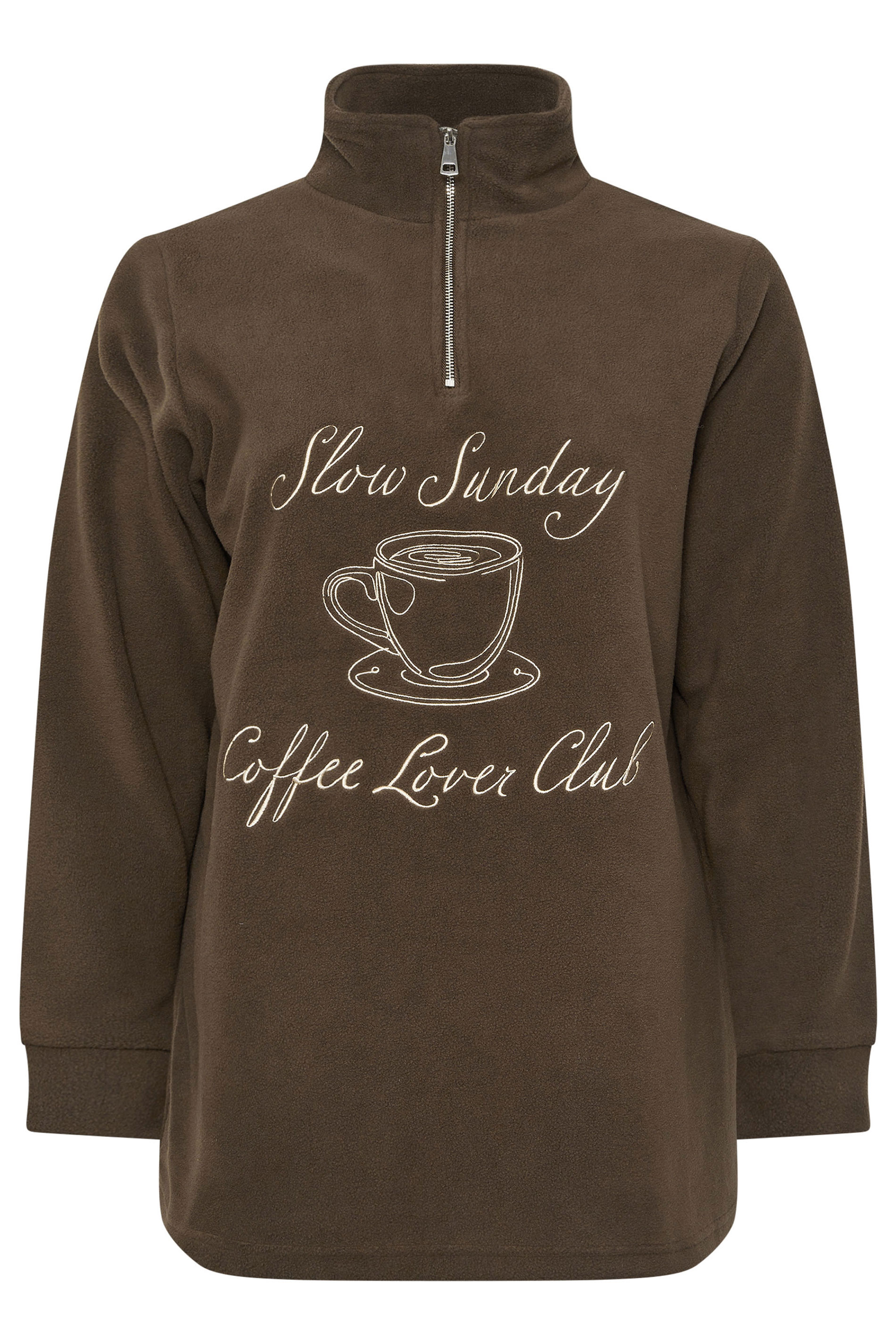YOURS Plus Size Chocolate Brown 'Coffee Lover Club' Quarter Zip Fleece | Yours Clothing 6