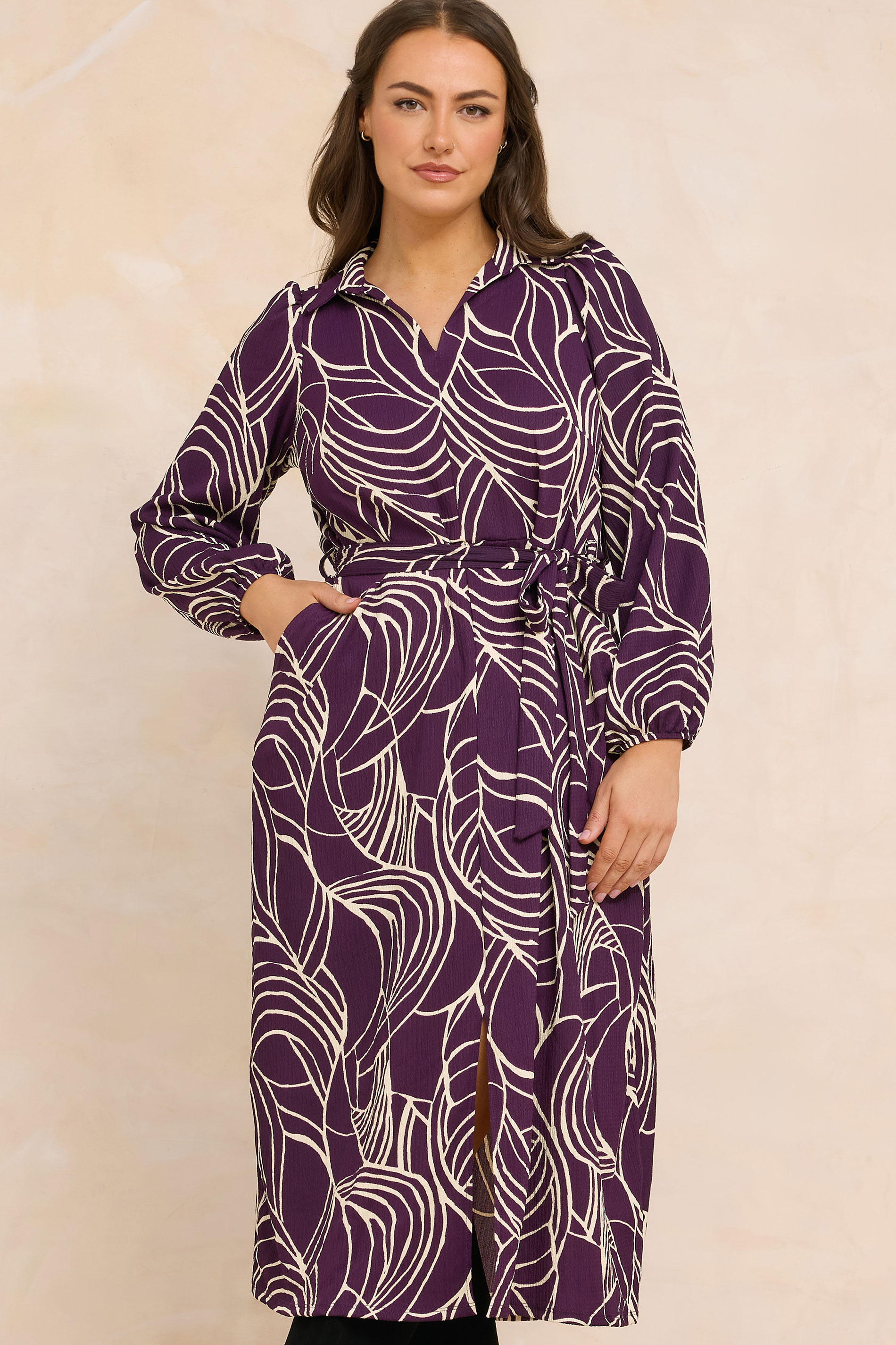 EVANS Plus Size Purple Linear Print Belted Shirt Dress | Yours Clothing 3