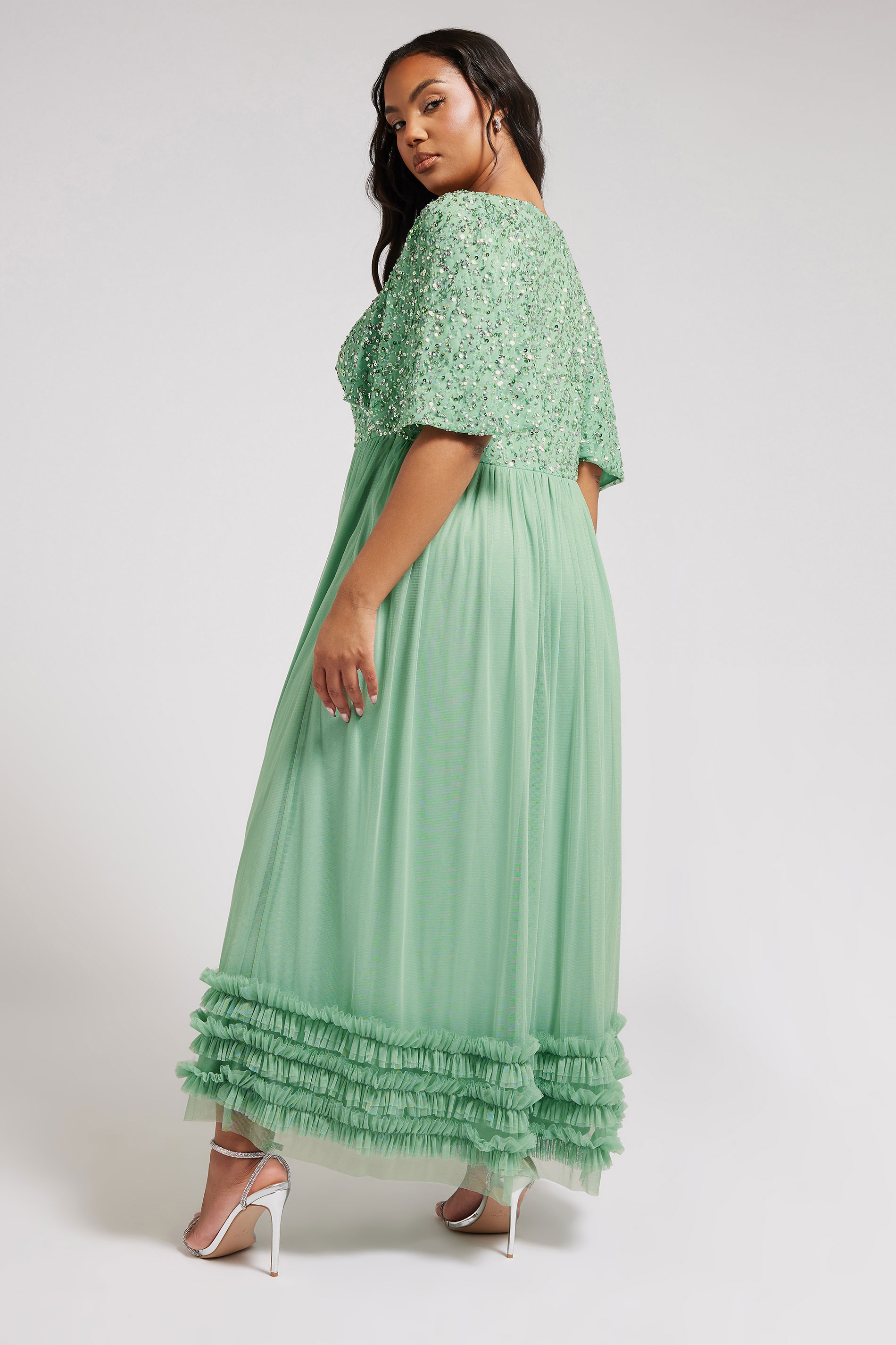 LUXE Plus Size Sage Green Embellished Ruffle Maxi Dress | Yours Clothing 2