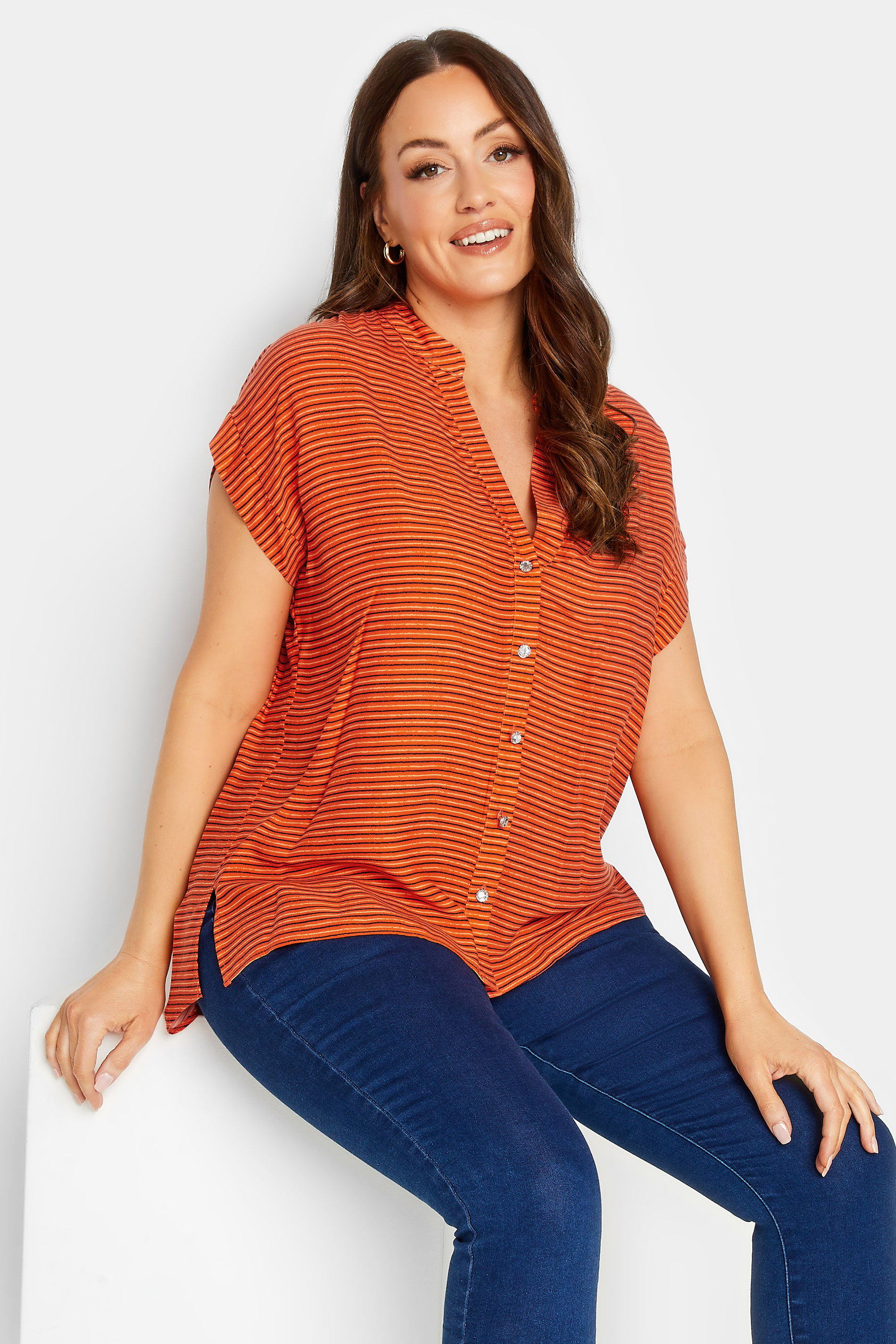 M&Co Women's Orange Stripe Grown On Sleeve Top | M&Co 1