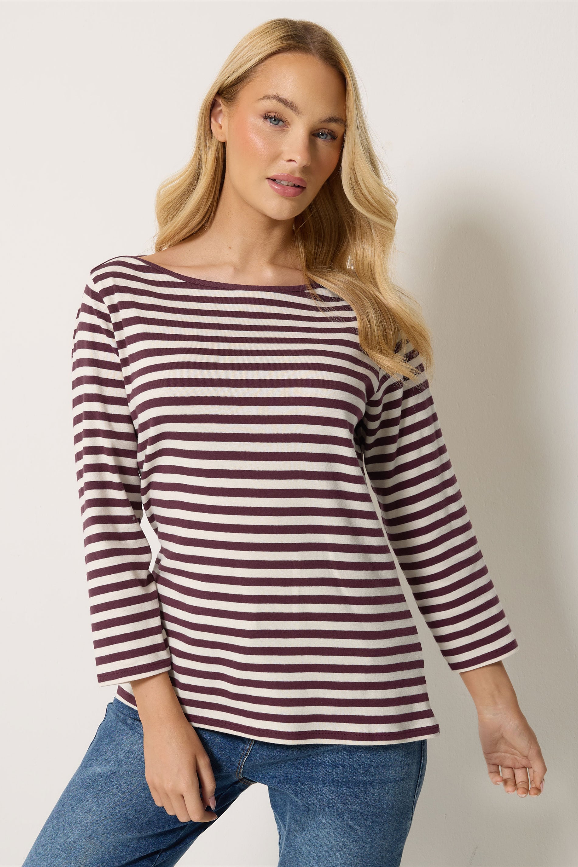 M&Co Berry Purple Stripe Slash Neck Cotton Top | M&Co 3
