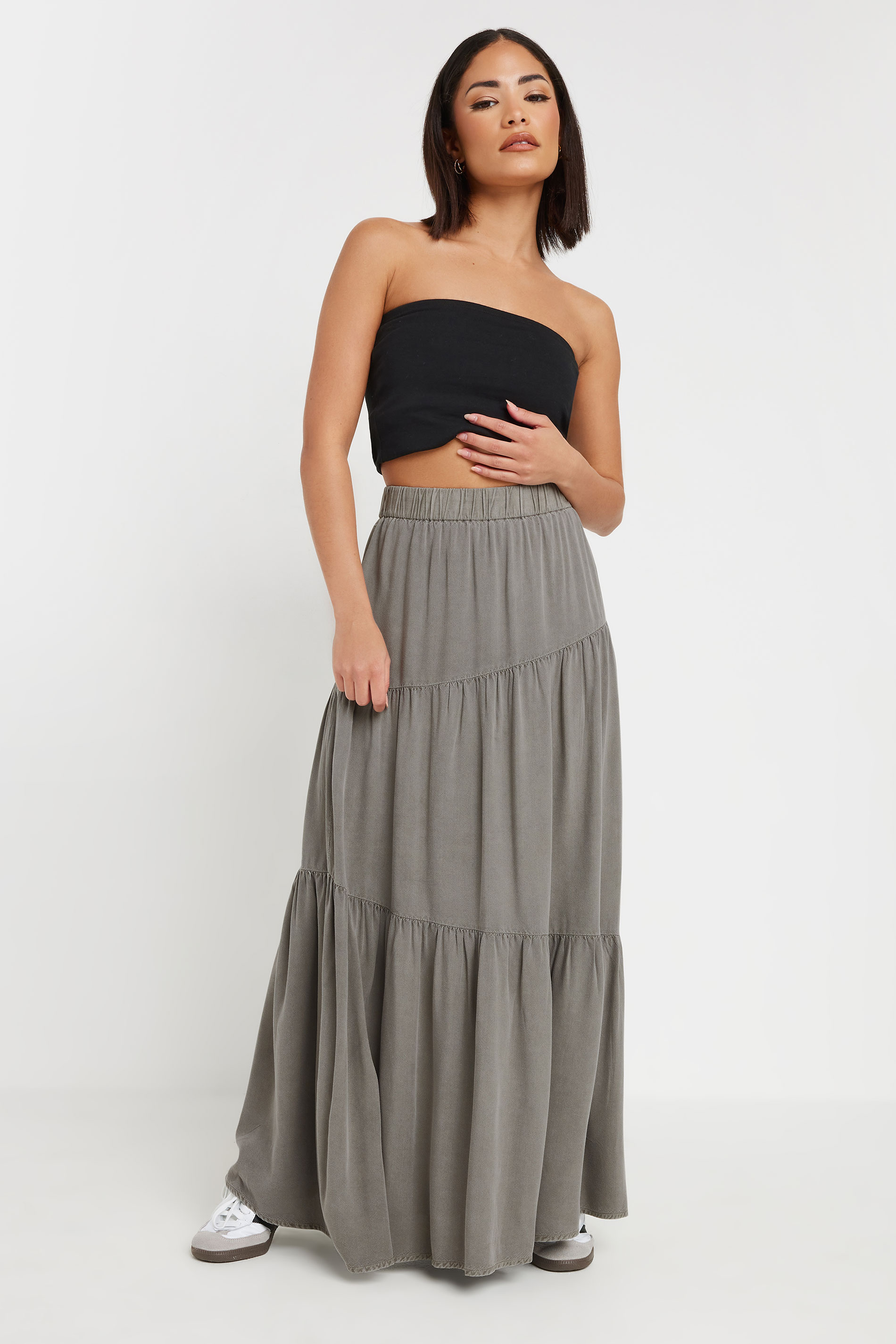 PixieGirl Petite Women's Charcoal Grey Asymmetric Tiered Maxi Skirt | PixieGirl 1
