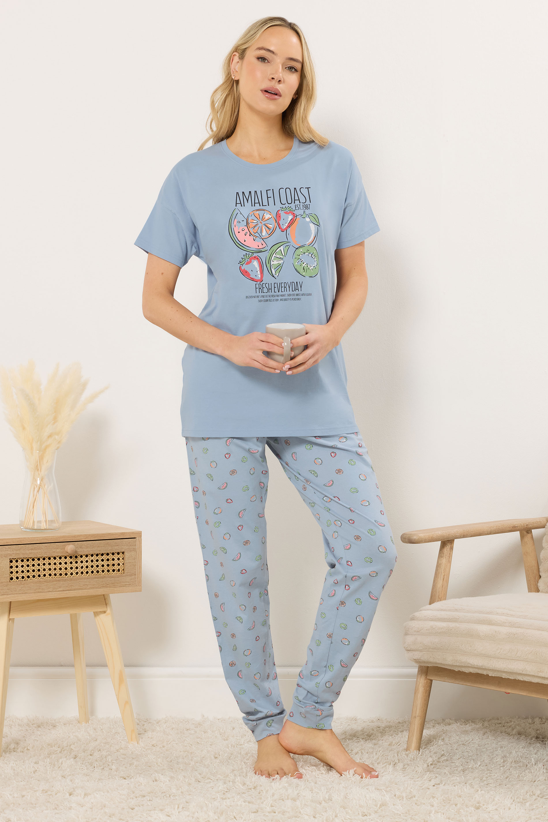 LTS Tall Women's Blue Summer Fruits 'Amalfi Coast' Slogan Cotton Pyjama Set | Long Tall Sally  1