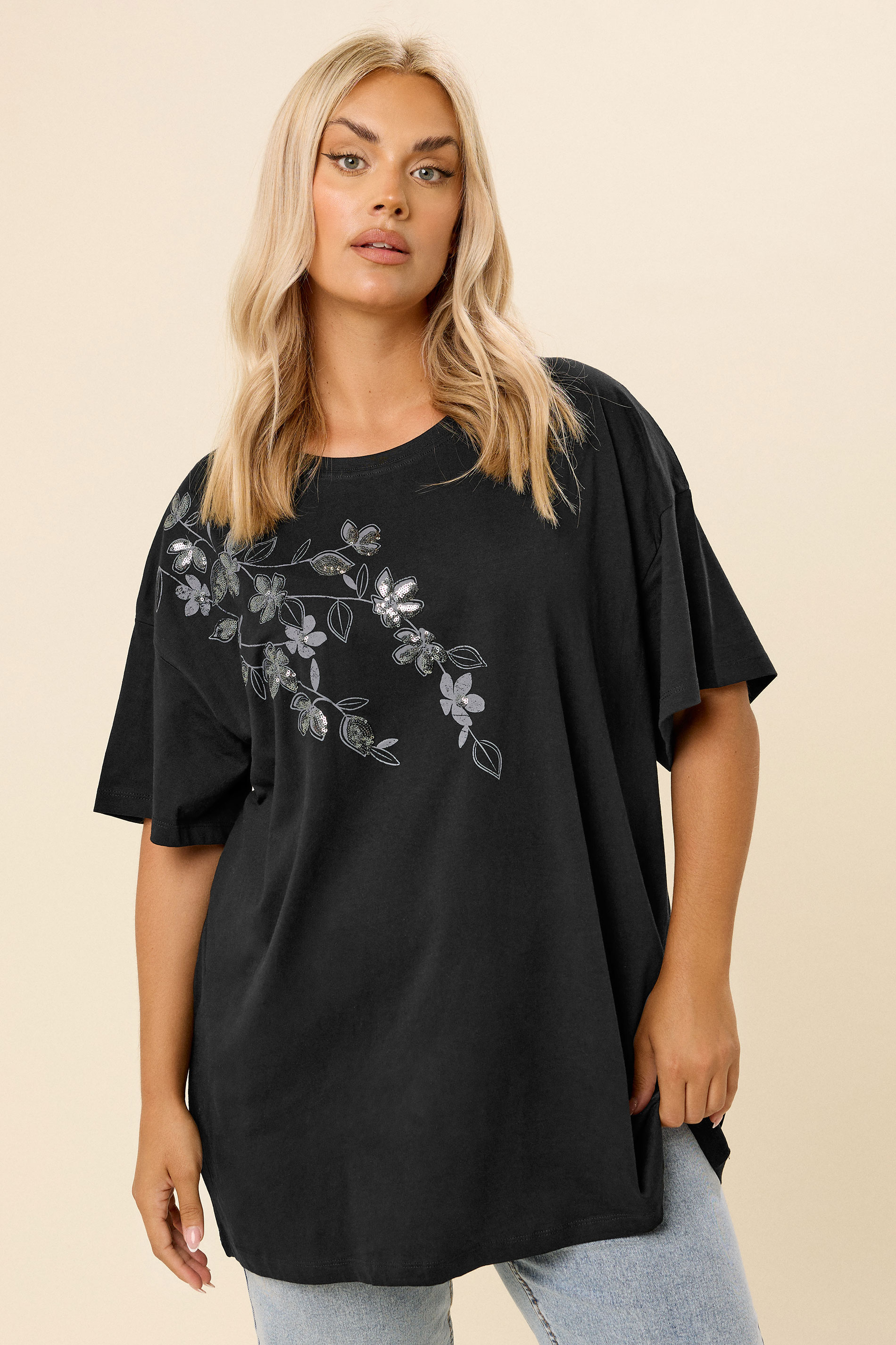 YOURS Plus Size Black Floral Oversized Sequin Top | Yours Clothing 3