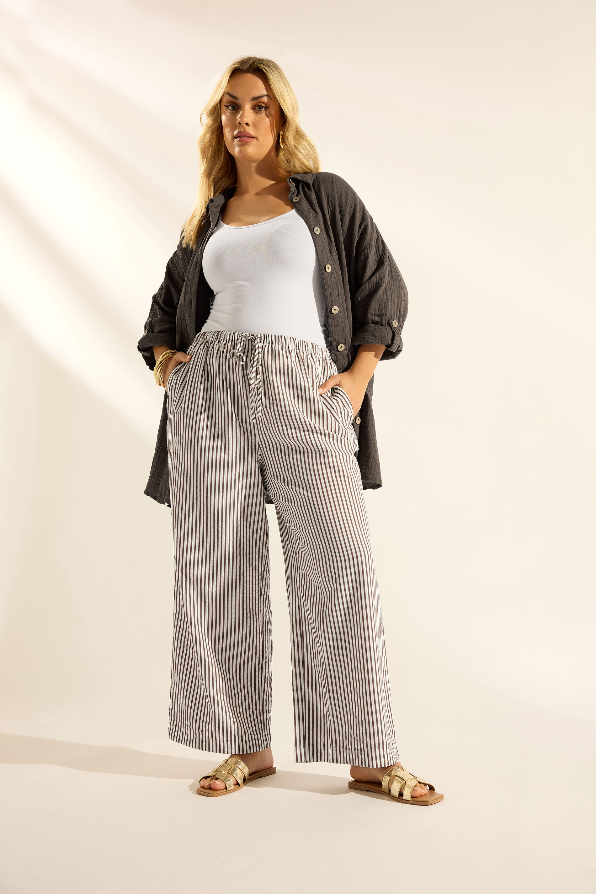 YOURS Plus Size Chocolate Brown Stripe Trousers | Yours Clothing 3