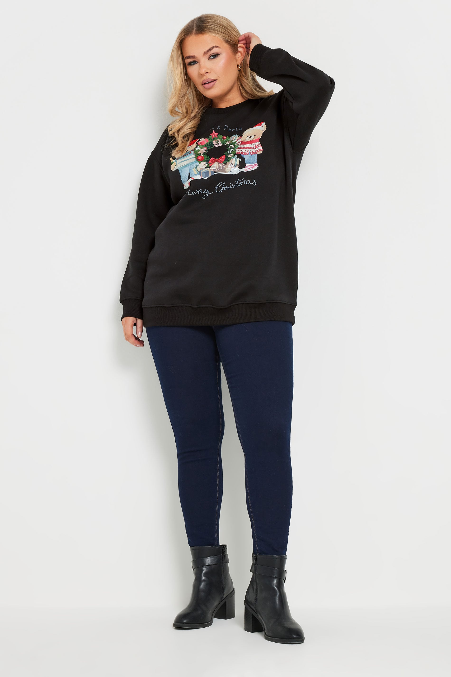 YOURS Plus Size Black Teddy Bear Christmas Print Sweatshirt | Yours Clothing 2