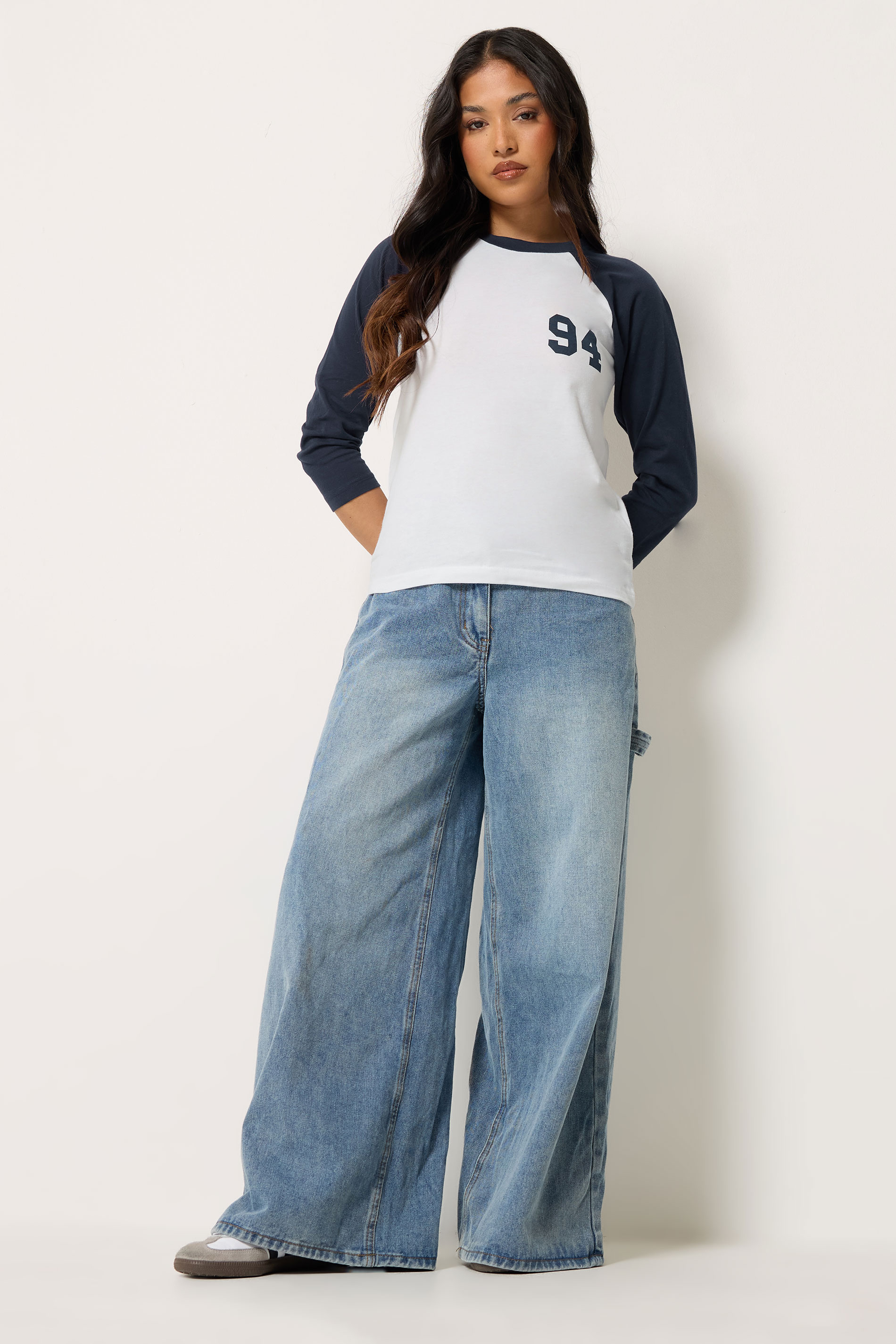 PixieGirl Petite Women's Navy Blue '94' Slogan Cotton Raglan T-Shirt | PixieGirl 1