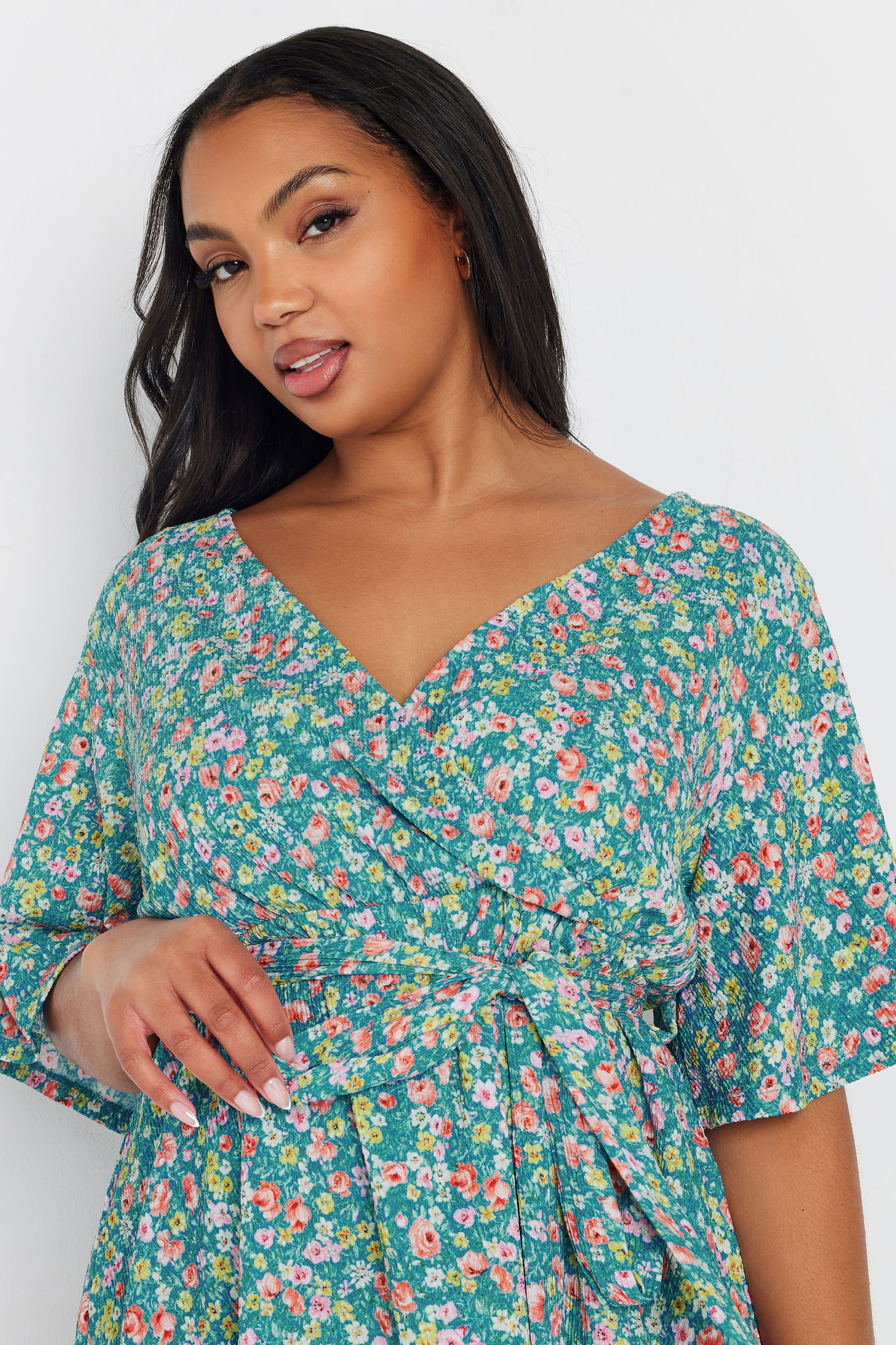 YOURS Plus Size Teal Blue Floral Wrap Textured Top | Yours Clothing 4