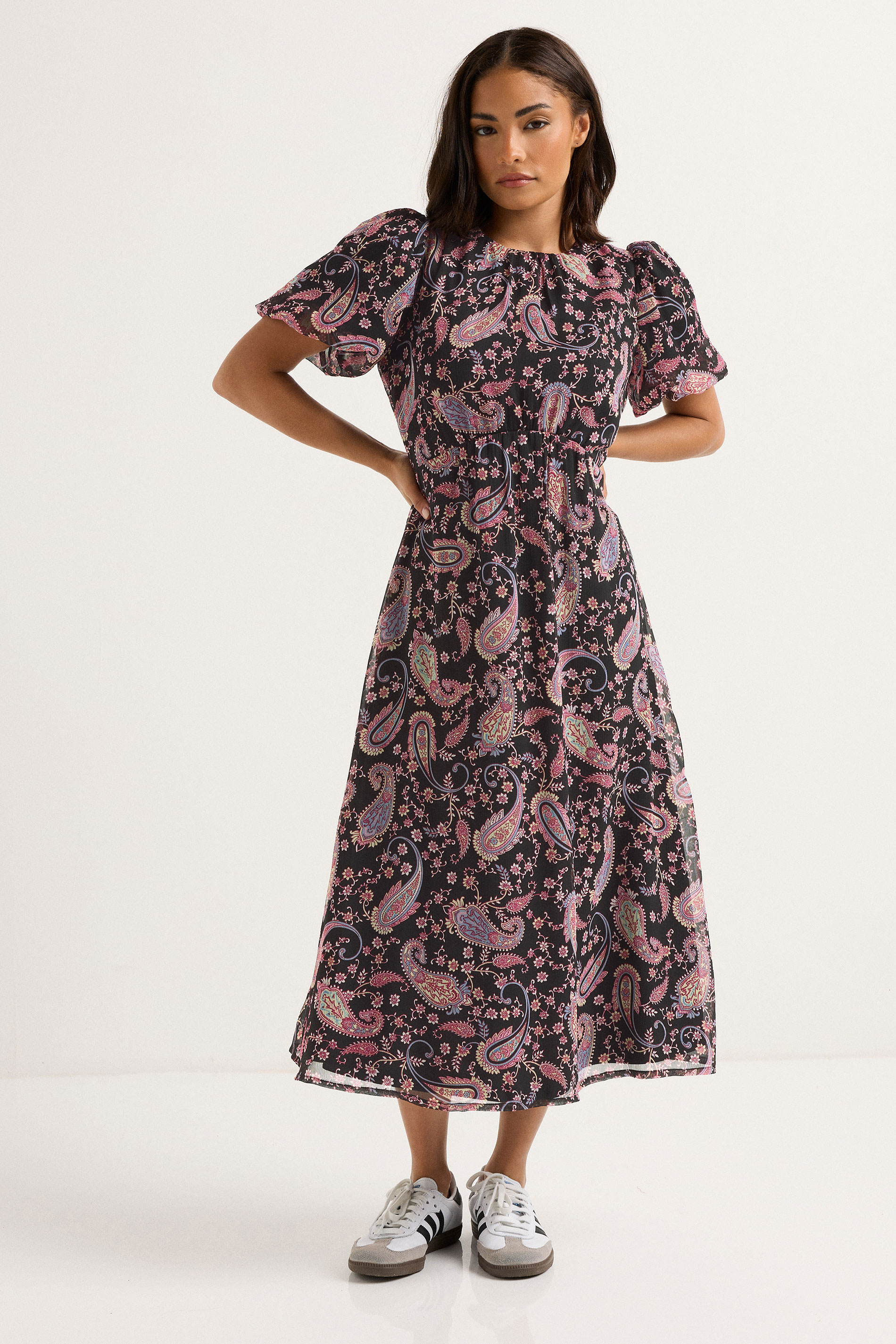 PixieGirl Petite Women's Black Chiffon Paisley Tie Back Dress | PixieGirl 3