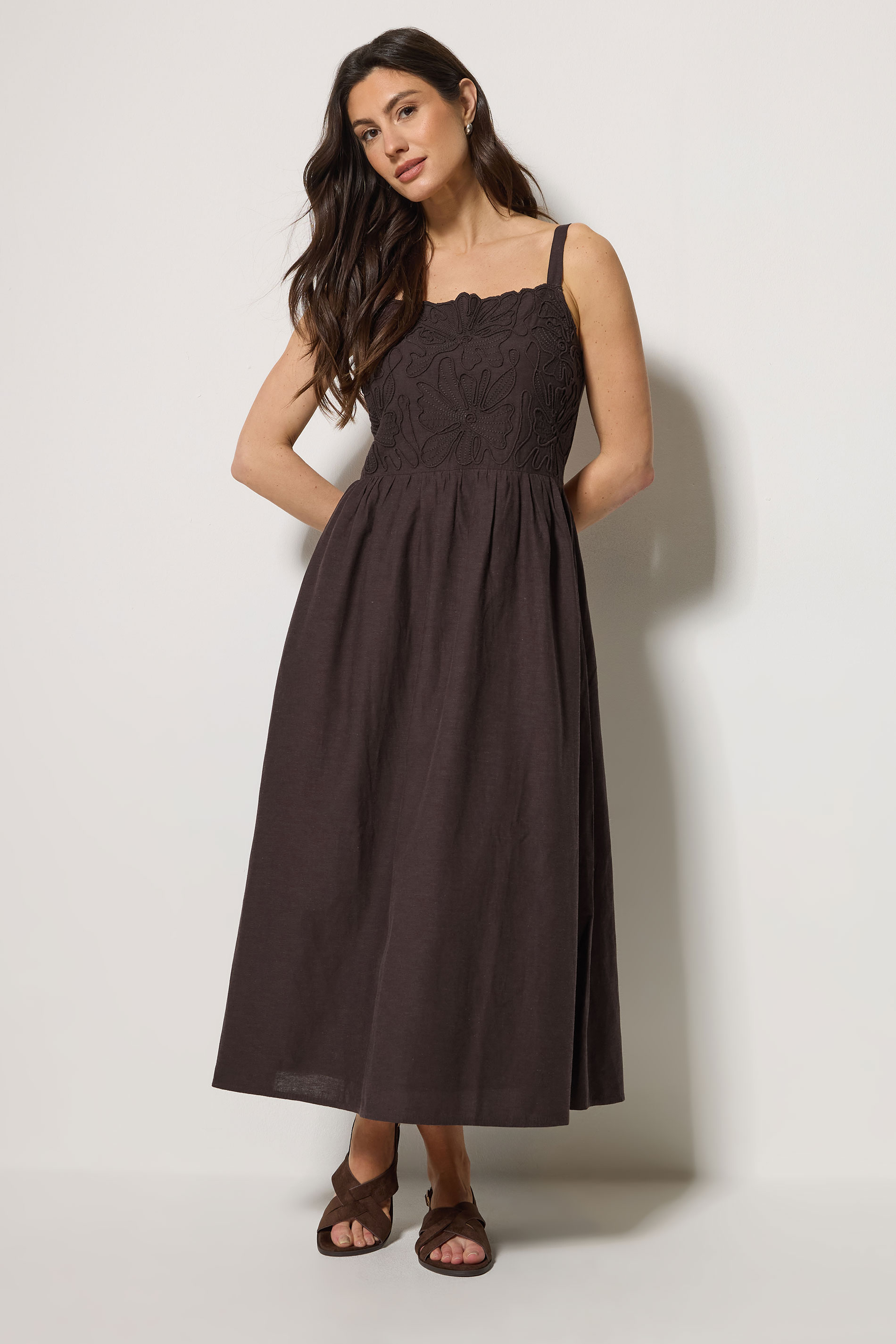M&Co Chocolate Brown Linen Embroidered Trim Maxi Dress | M&Co 2