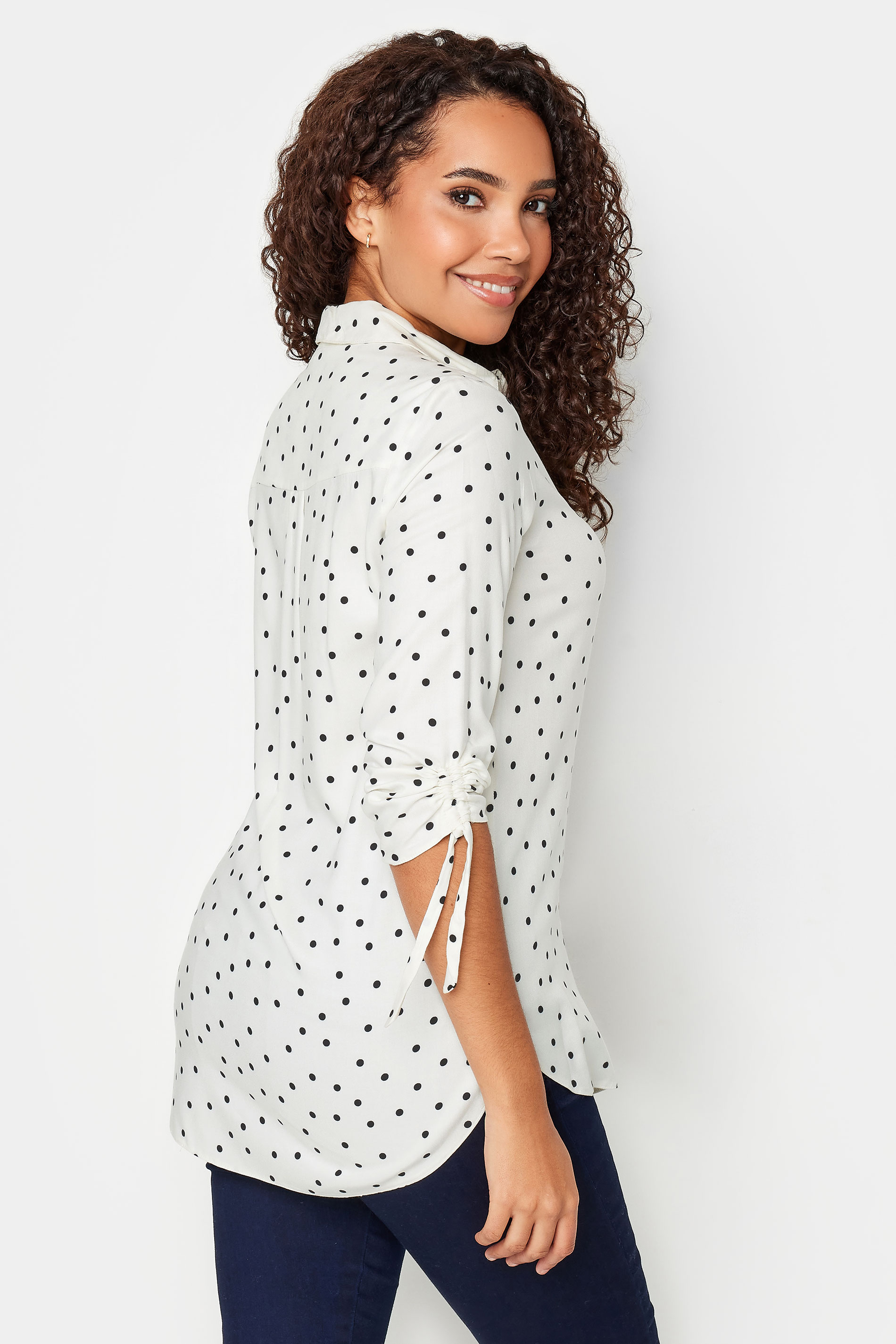 M&Co White Polka Dot Print Ruched Sleeve Shirt | M&Co 3